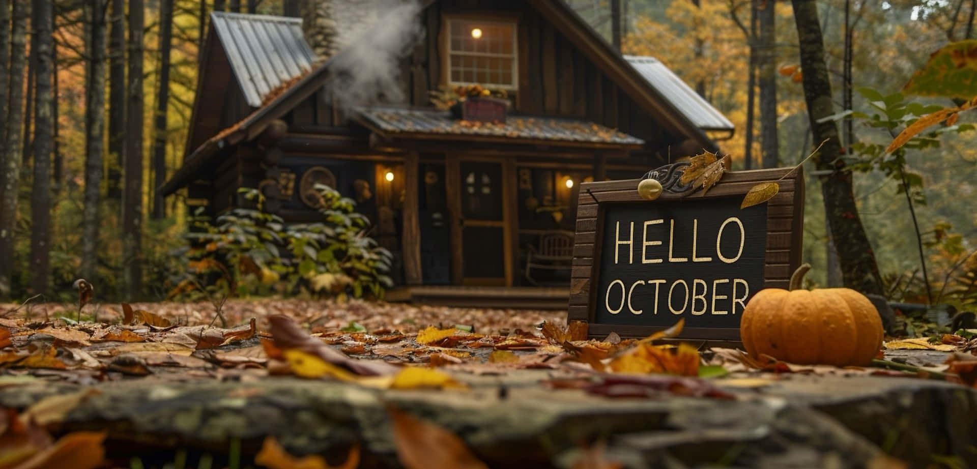 October Desktop 桌布 壁紙 — 一間舒適的小屋坐落在秋日樹林中，帶有「你好十月」標誌和南瓜，周圍是落葉。