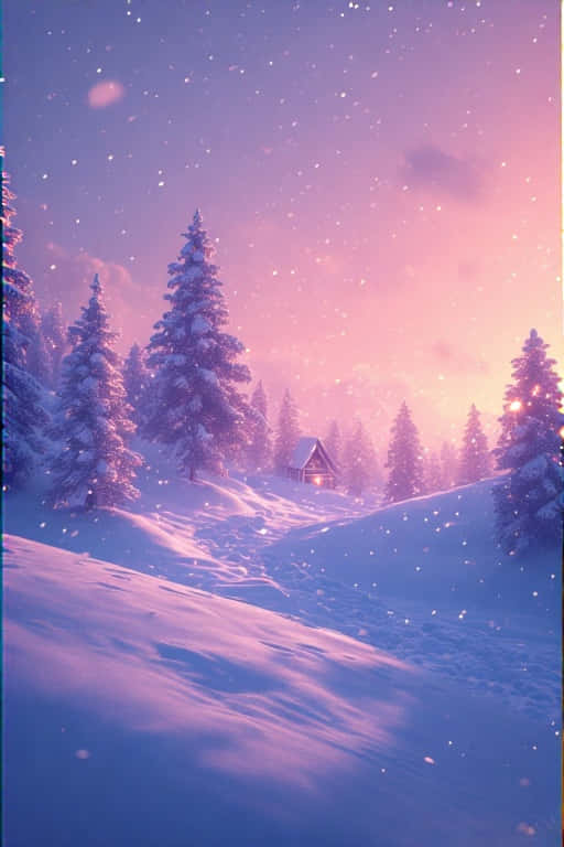 松林中被雪覆蓋的小屋，在紫粉色的暮色天空下飄著雪花 — Pastel 壁紙