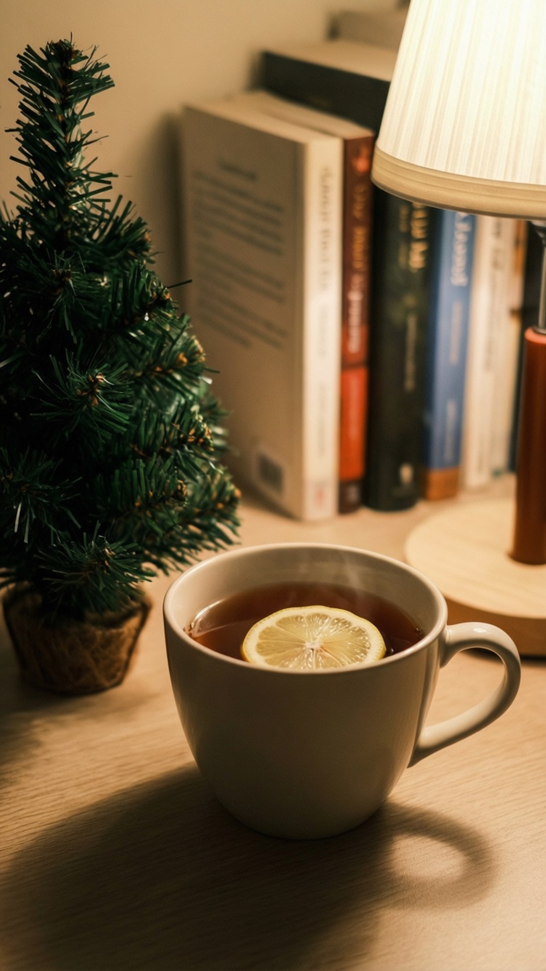 Tea and Tiny Tree 壁紙 — 一杯舒適的茶配檸檬片放在木桌上，旁邊有一棵小松樹和書架，在溫暖的燈光下。