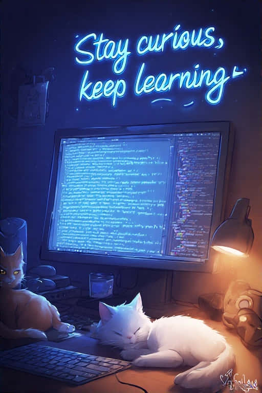 一隻白貓在書桌上電腦旁邊安詳地睡覺，旁邊有一個發光的霓虹燈牌寫著 stay curious keep learning。 — 8K 壁紙