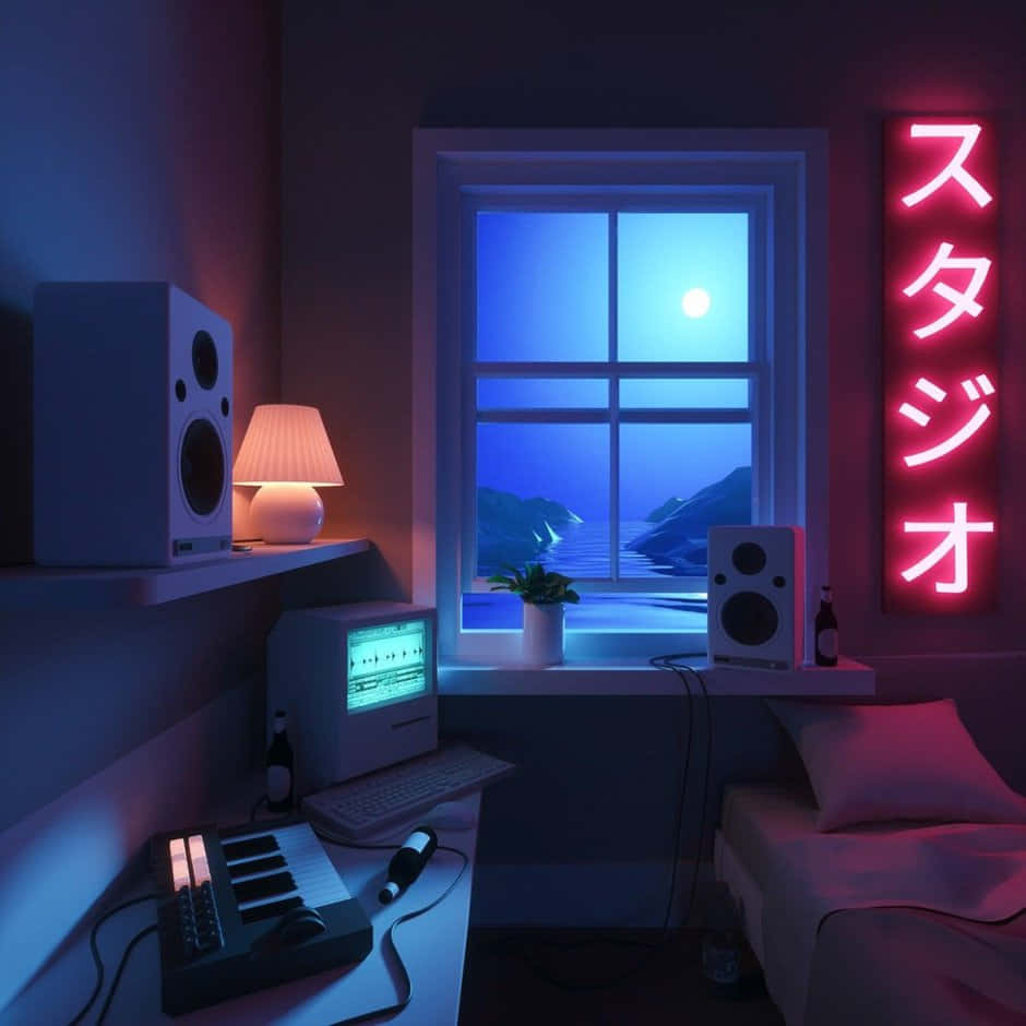 壁紙 — 夜晚舒適的數位音樂工作室，窗外有發光的霓虹燈牌和月光下的海景。