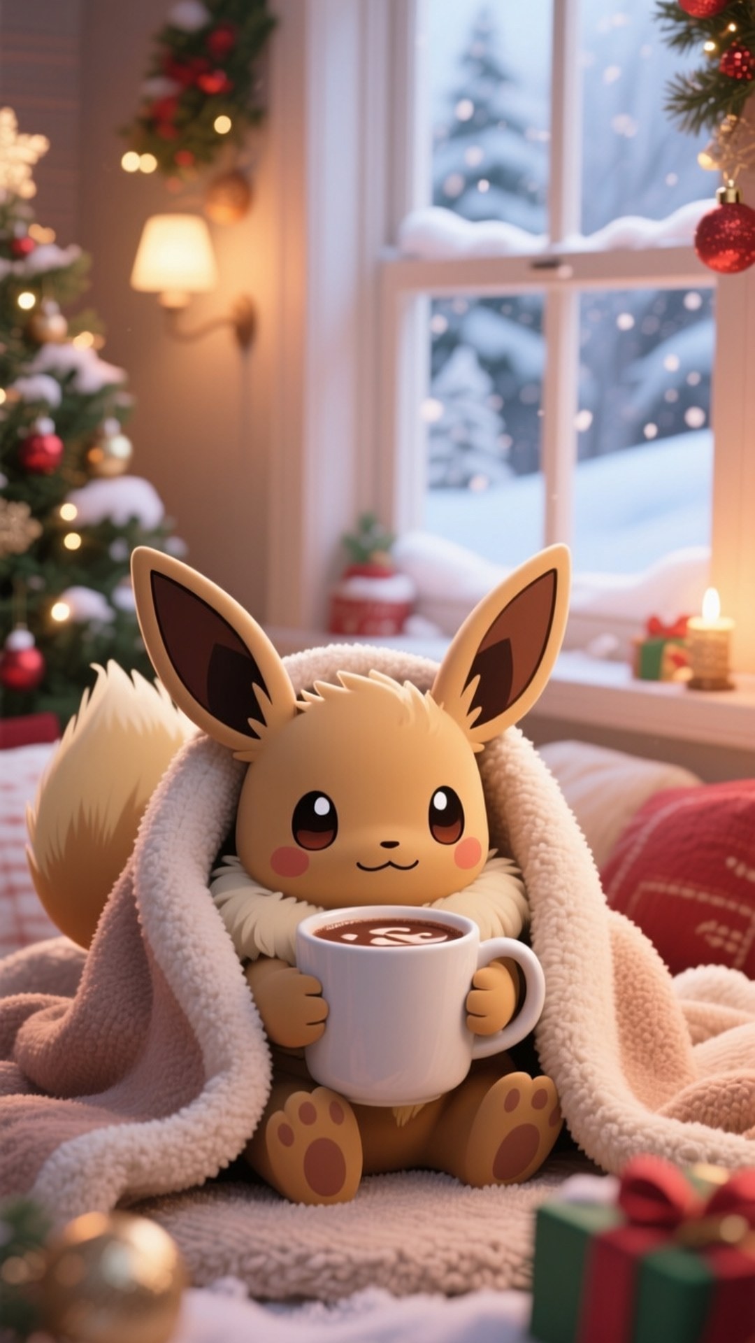 Cozy Christmas Eevee 壁紙 — 一隻舒適的伊布裹在毛茸茸的毯子裡，在裝飾好的聖誕樹旁邊的雪窗前拿著一杯冒熱氣的杯子。