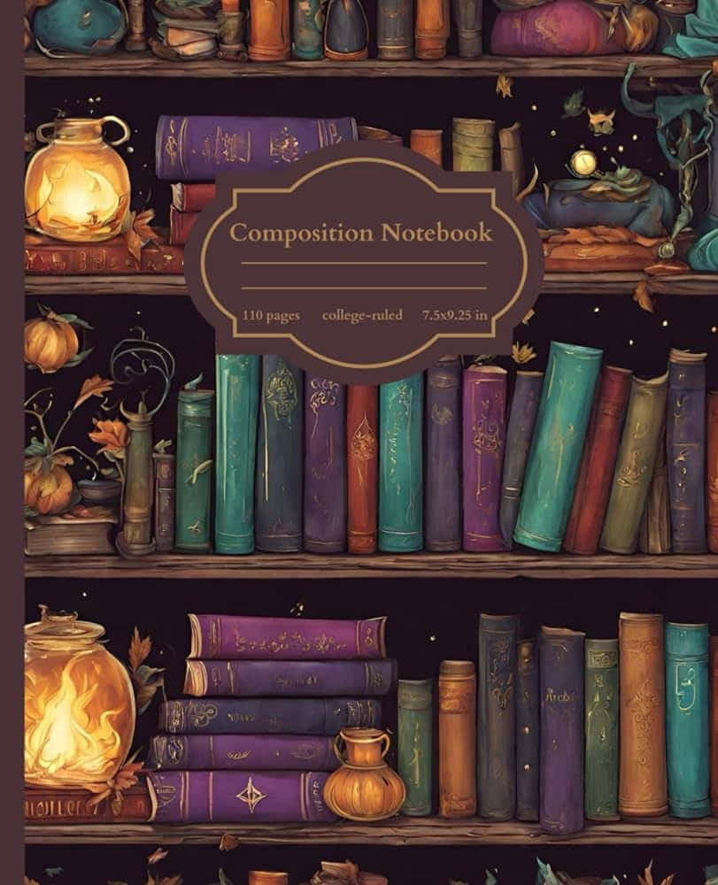  壁紙 — 一個舒適的奇幻書架，在溫暖燭光下放滿了色彩繽紛的書卷、發光的燈籠和秋葉。