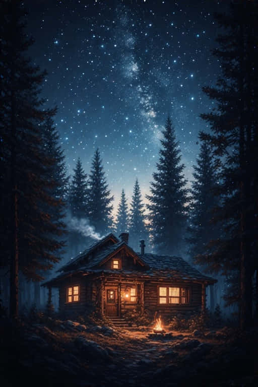 雪地森林中一間溫暖明亮的木屋，星空下，有營火。 — 4K 壁紙