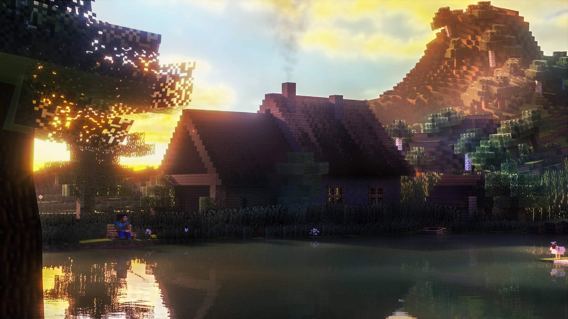 金色日落時湖邊的像素化Minecraft小屋，背景有山脈。 — 我的世界 壁紙
