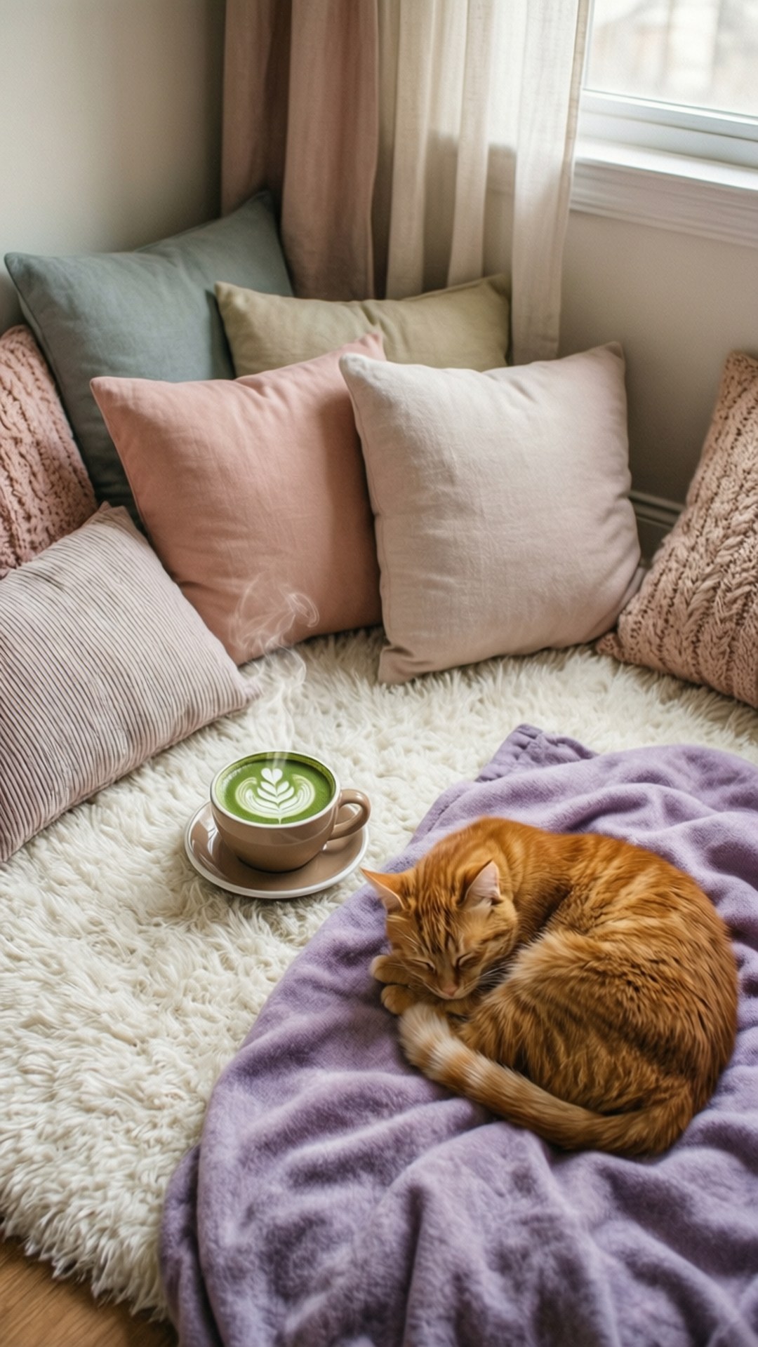 Cozy Cat Corner 壁紙 — 一隻舒適的橘色貓咪蜷縮在紫色毯子上睡覺，旁邊有一杯冒煙的綠茶，放在 fluffy 白色地毯上，周圍有柔軟的枕頭，靠近窗戶。