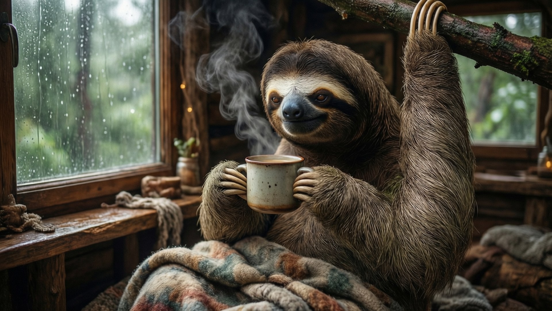 桌布 壁紙 — 一隻舒適的樹懶掛在鄉村小屋內的樹枝上，啜飲著冒煙的咖啡，身後窗戶上雨水流淌。