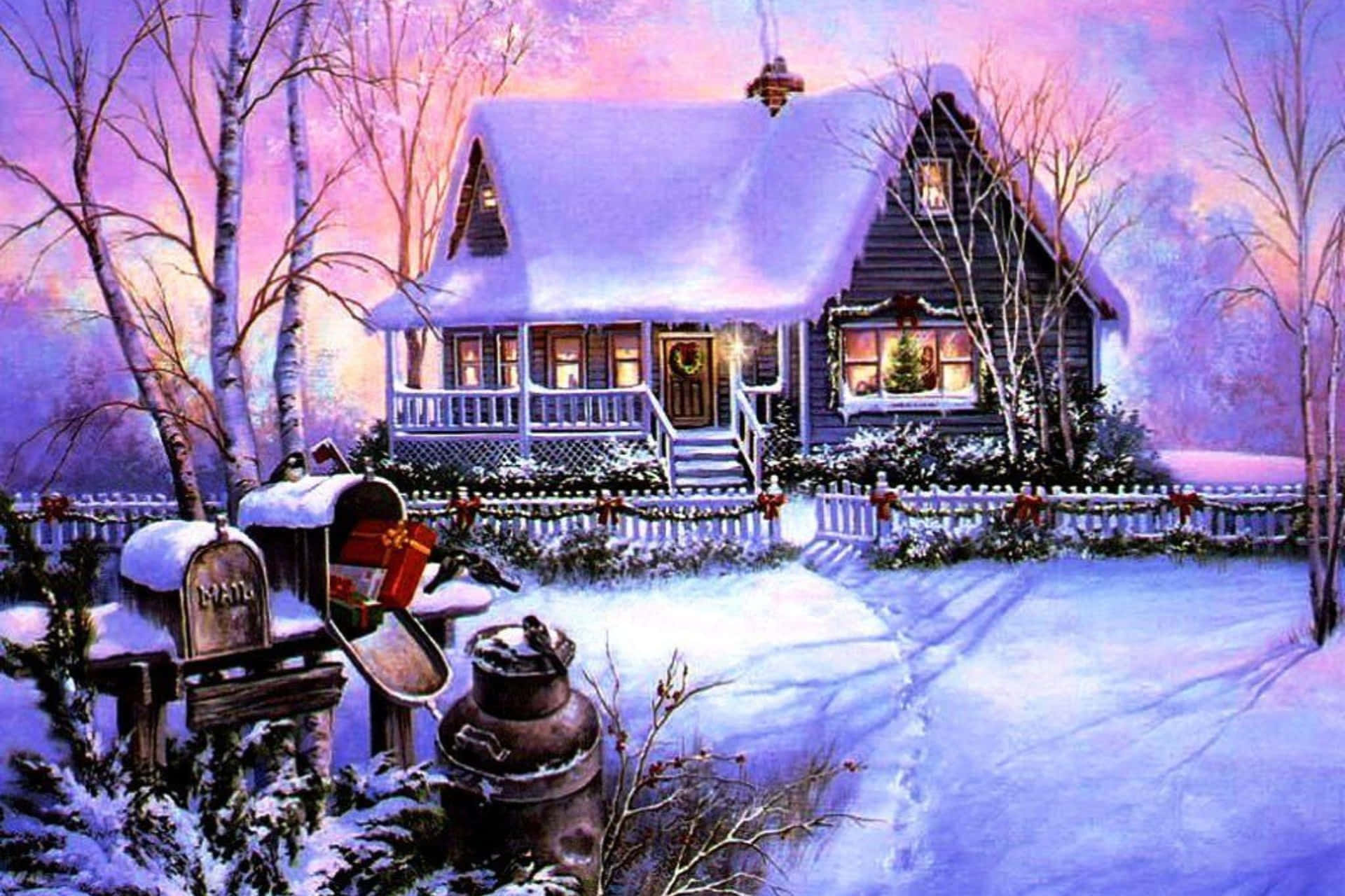  壁紙 — 一間舒適的雪覆蓋小屋，窗戶透出溫暖燈光，門上掛著節日花環，周圍是光禿禿的樹木，背景是紫色的暮色天空。
