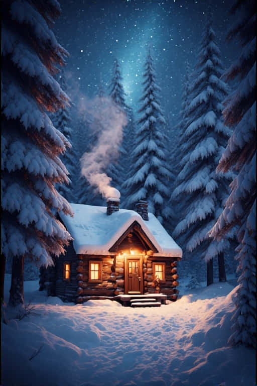在繁星點點的夜空下，雪地森林中一間溫暖照亮的木屋。 — 4K 壁紙