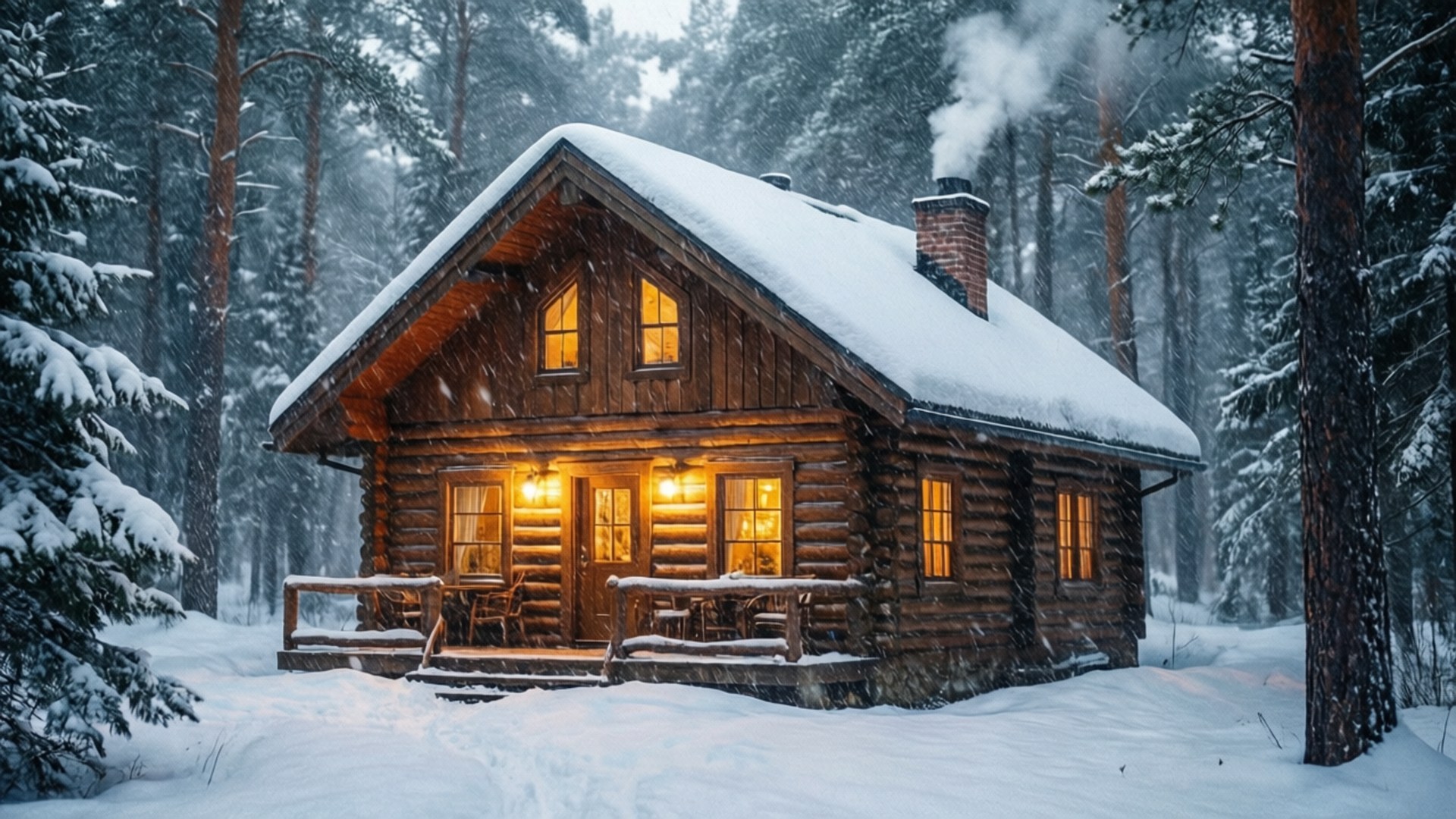 Cozy Cabin Blizzard 壁紙 — 一間舒適的雪覆蓋木屋，溫暖發光的窗戶和煙囪升起的煙霧，坐落在白雪皚皚的松樹林中。