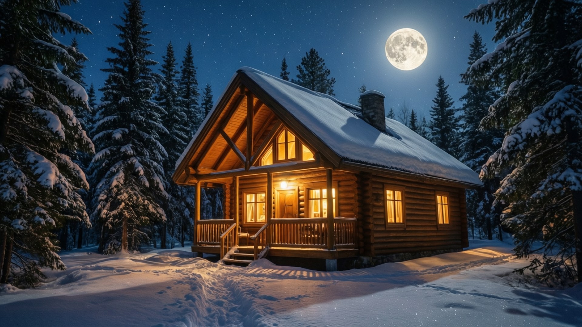 雪地森林中，在滿月和星星下溫暖照亮的木屋。 — 1366X768 壁紙