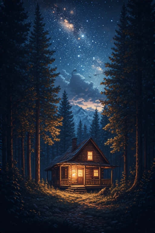 一間燈火溫暖的木屋坐落在松樹林中，在繁星點點的夜空下，遠處有山巒。 — 4K 壁紙