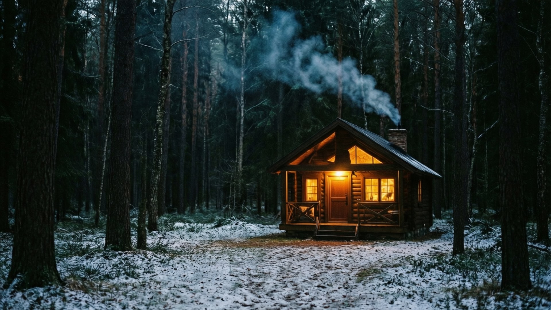 Cozy Cabin in Dark Forest 壁紙 — 一間舒適的木屋坐落在黃昏時分的雪地森林中，窗戶透出溫暖的燈光，煙囪升起裊裊炊煙。