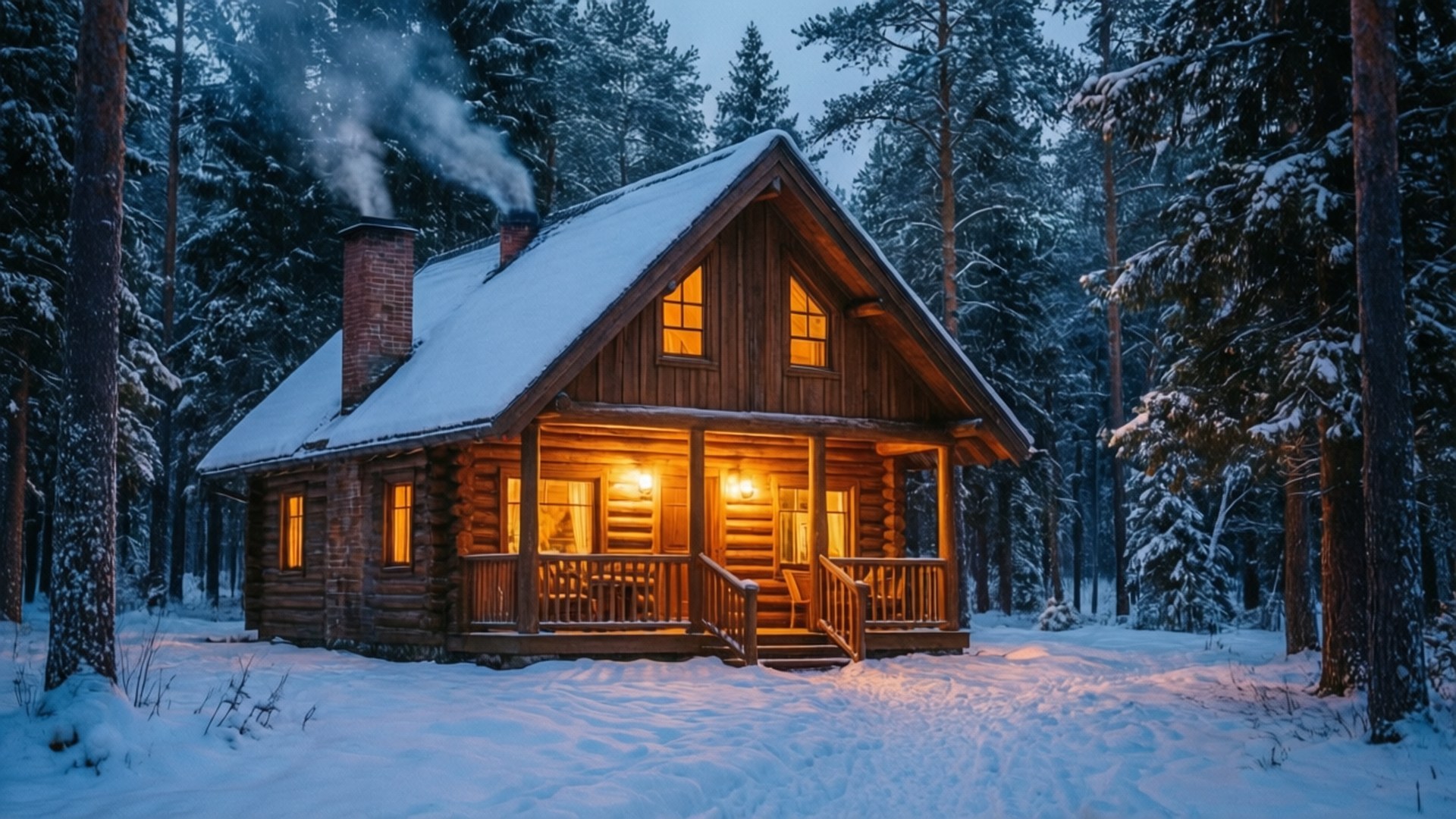 Snowy Cabin Haven 壁紙 — 黃昏時分，一座舒適的木屋坐落在白雪覆蓋的森林中，窗戶透出溫暖的燈光，煙囪升起裊裊炊煙。