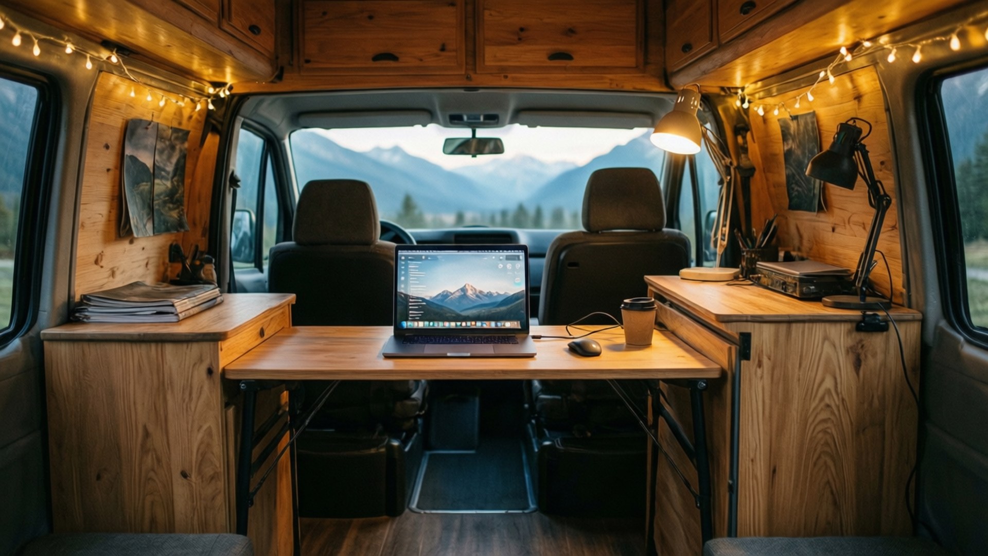 Van Life Mobile Office 壁紙 — 舒適的木製露營車內部，桌上放著筆記型電腦，透過擋風玻璃面向山脈。