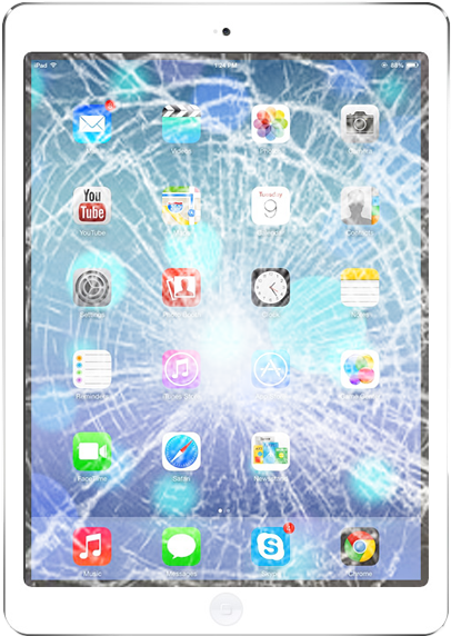 破裂的iPad螢幕顯示應用程式圖示和藍色抽象背景。 — iPad 壁紙
