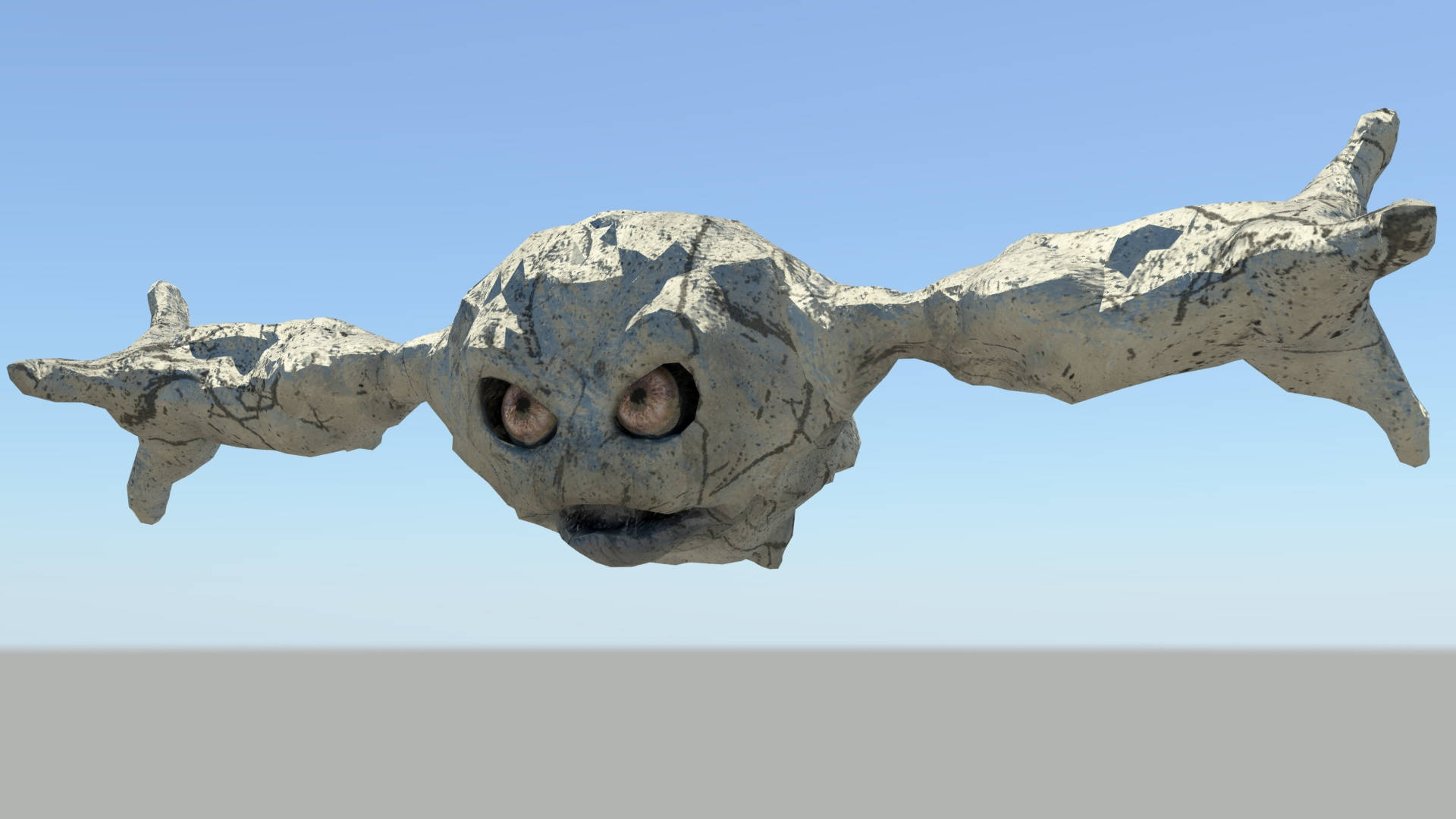 一個超現實的石頭生物，睜大眼睛，漂浮在藍天上。 — 3D 壁紙