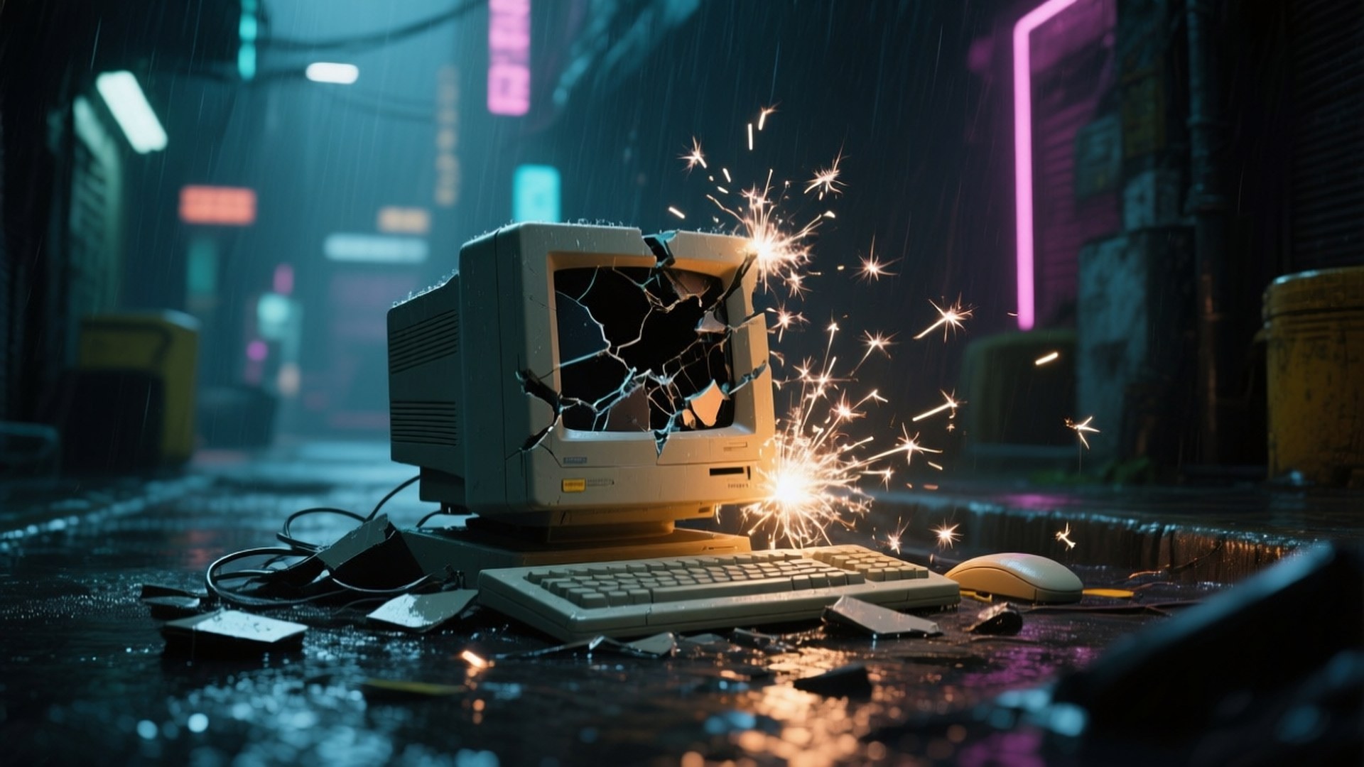 Broken Cyberpunk PC 壁紙 — 一部破裂的復古電腦在潮濕的霓虹燈巷弄中閃爍火花，周圍散落著碎片和發光的招牌。