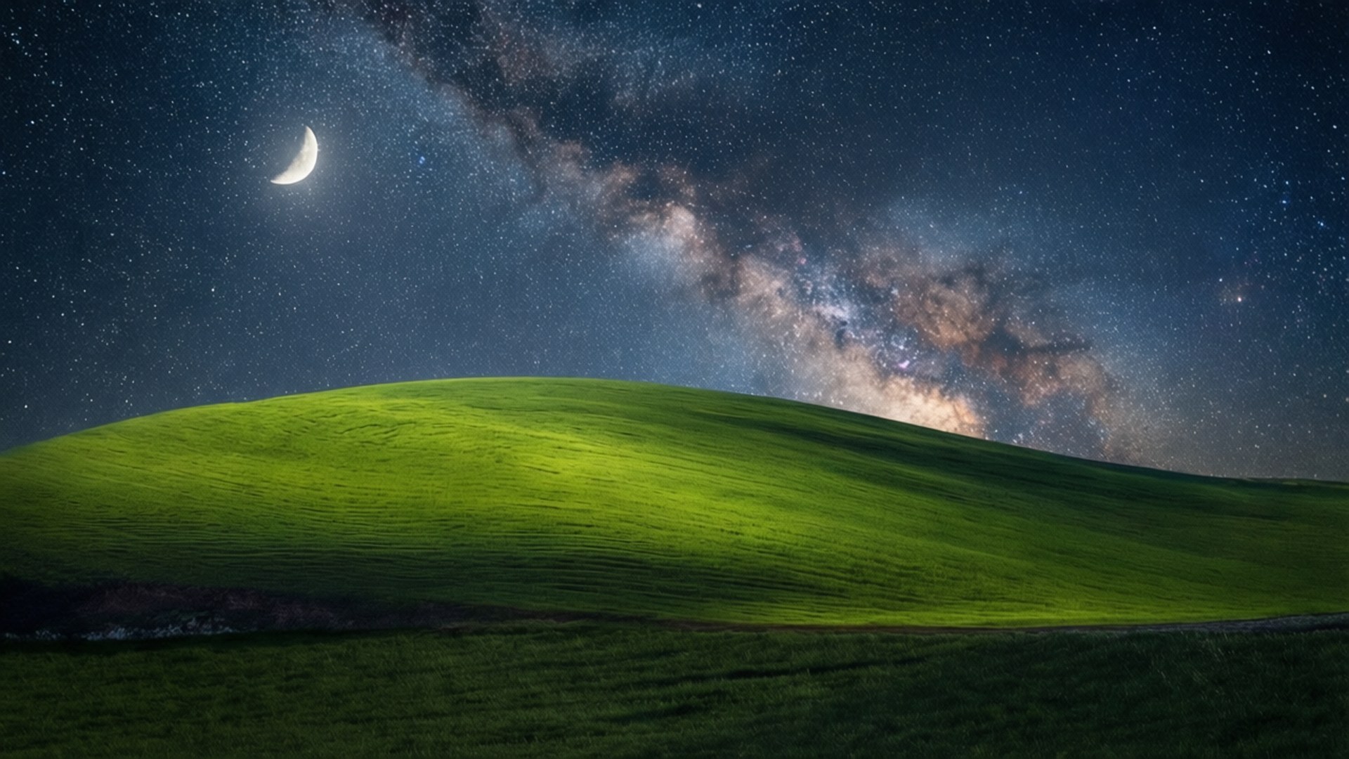 Starry Night over Bliss 壁紙 — 一彎新月和銀河在繁星點點的夜空下，拱形橫跨在發光的綠色山丘上。