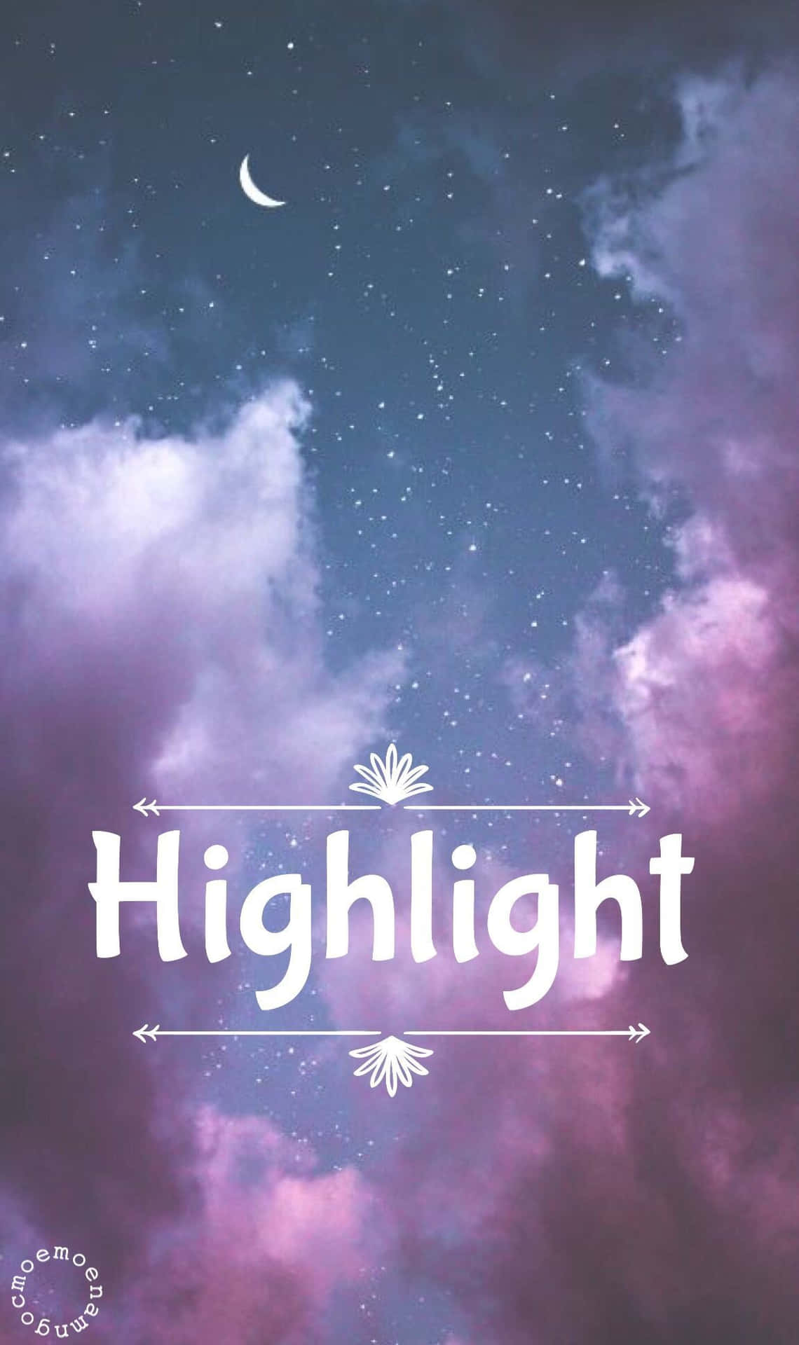 夜空中有新月、星星和紫色雲朵，並顯示「highlight」一詞。 — K Pop 壁紙
