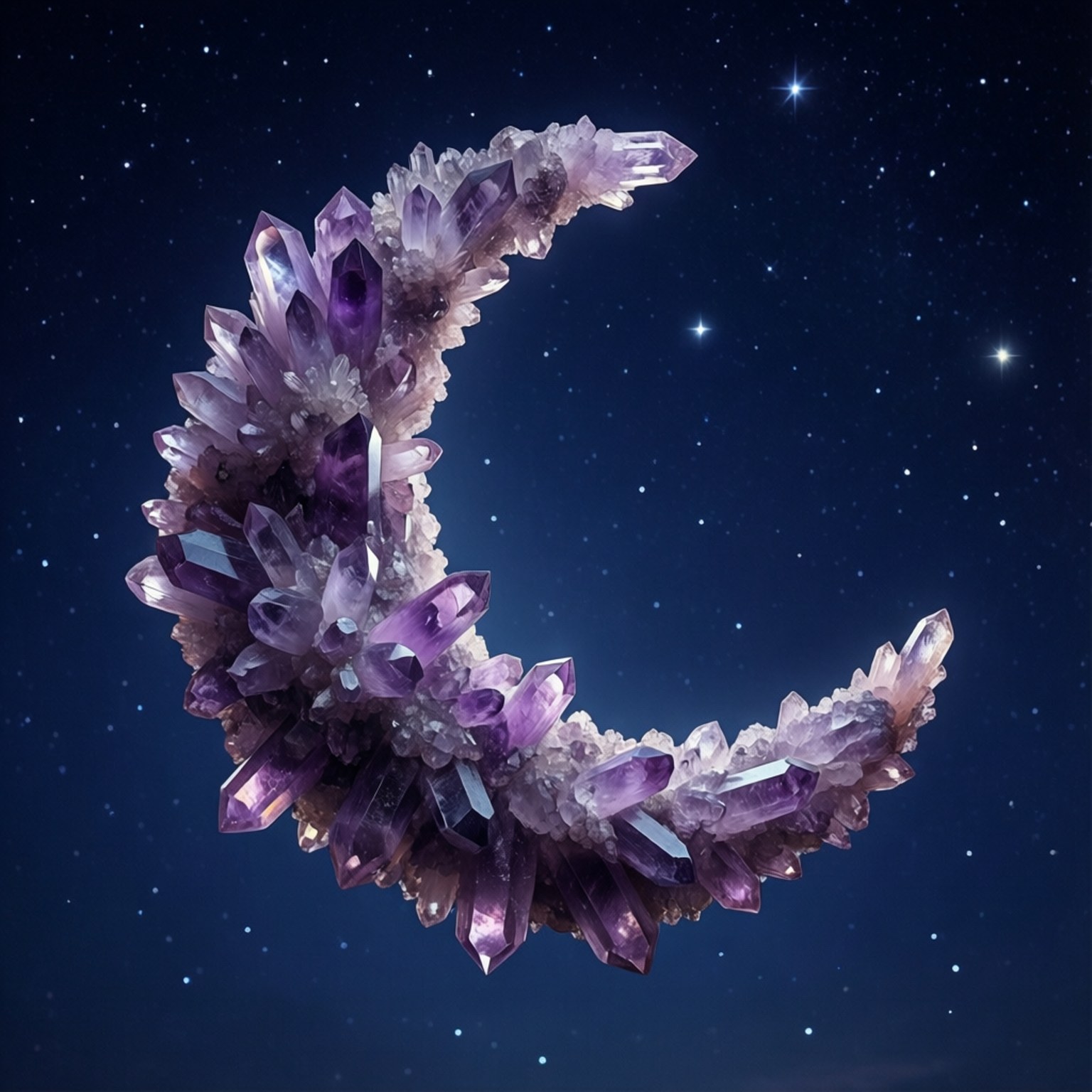 Celestial Moon Amethyst 壁紙 — 由發光的紫色紫水晶晶體形成的彎月，漂浮在繁星點點的夜空上。