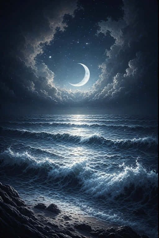 月光下的海浪在暴風雲和星星下撞擊岩石海岸 — 4K 壁紙