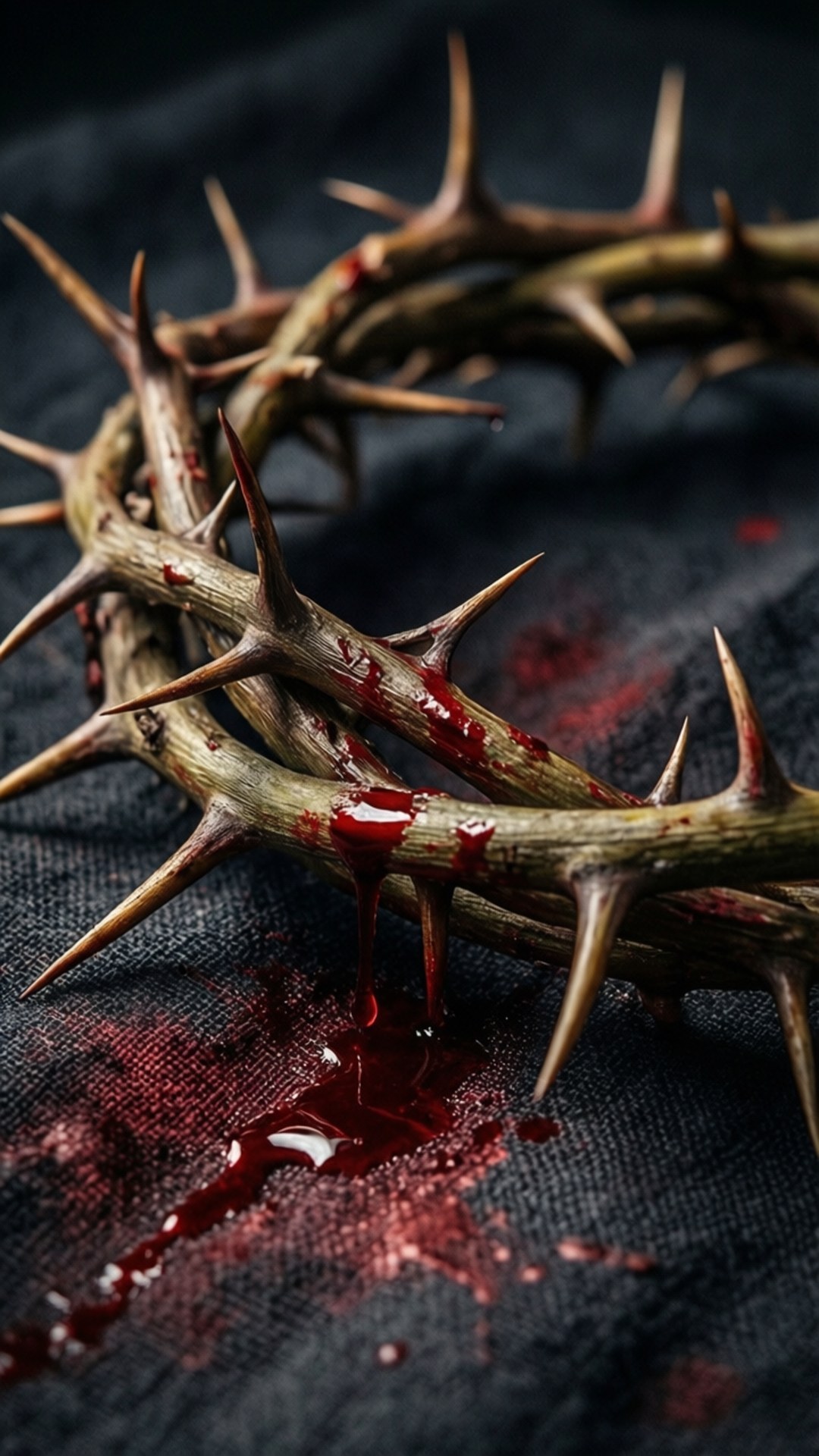 Crown of Thorns Close-Up 壁紙 — 一個滴血的荊棘冠冕放在深色布料上，戲劇性的特寫。