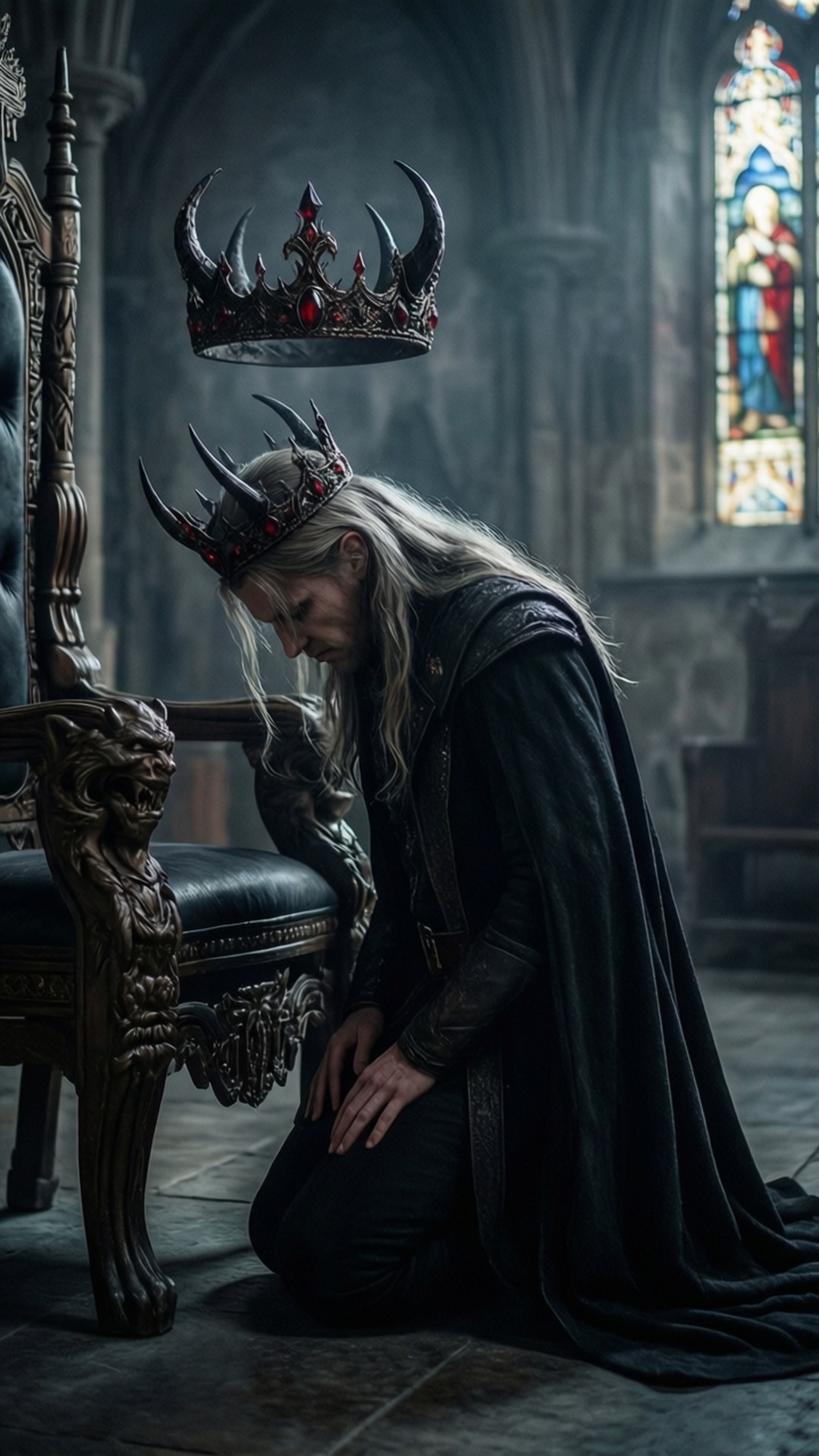 Allegiance to the Demon King 壁紙 — 一位戴著王冠的國王跪在哥德式大教堂中，他的王冠在彩繪玻璃窗附近懸浮在他上方。