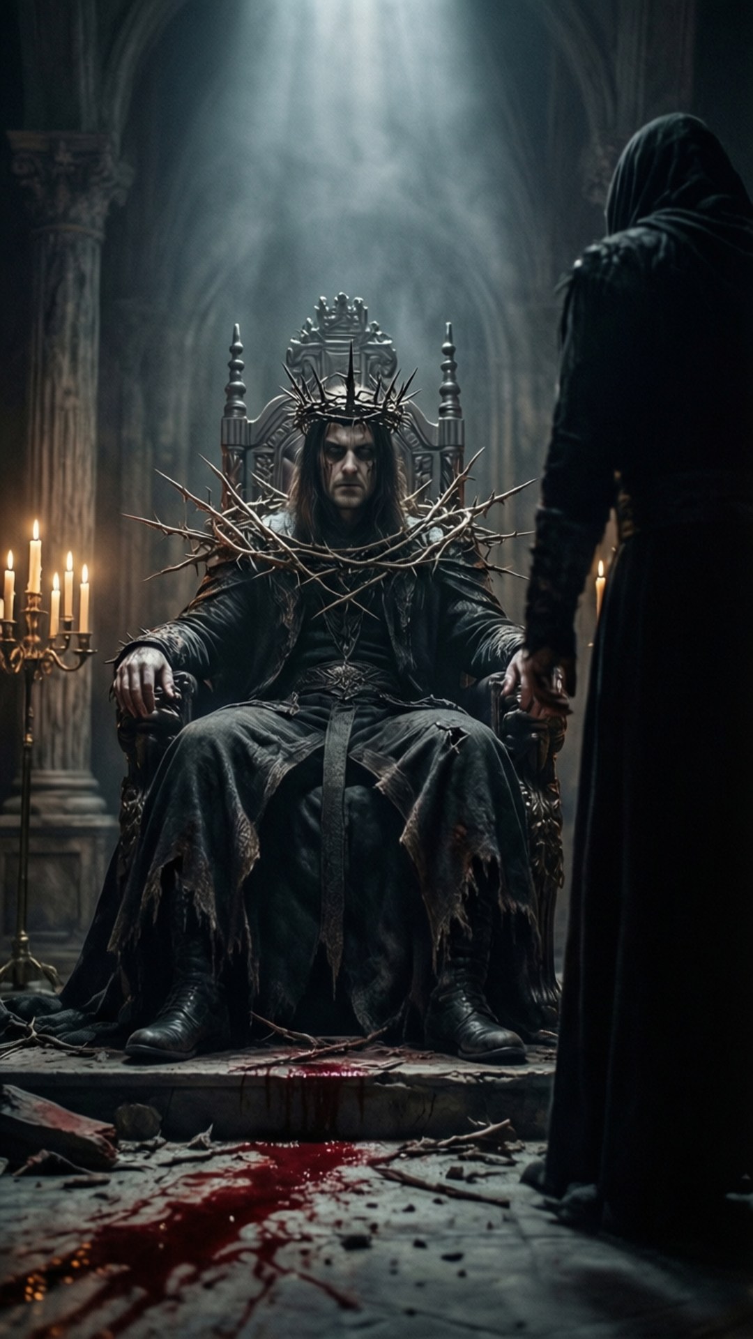 Throne of Thorns 壁紙 — 一位戴著荊棘冠冕的國王坐在哥德式大教堂的王座上，一個戴著兜帽的身影走近，地板沾滿血跡。