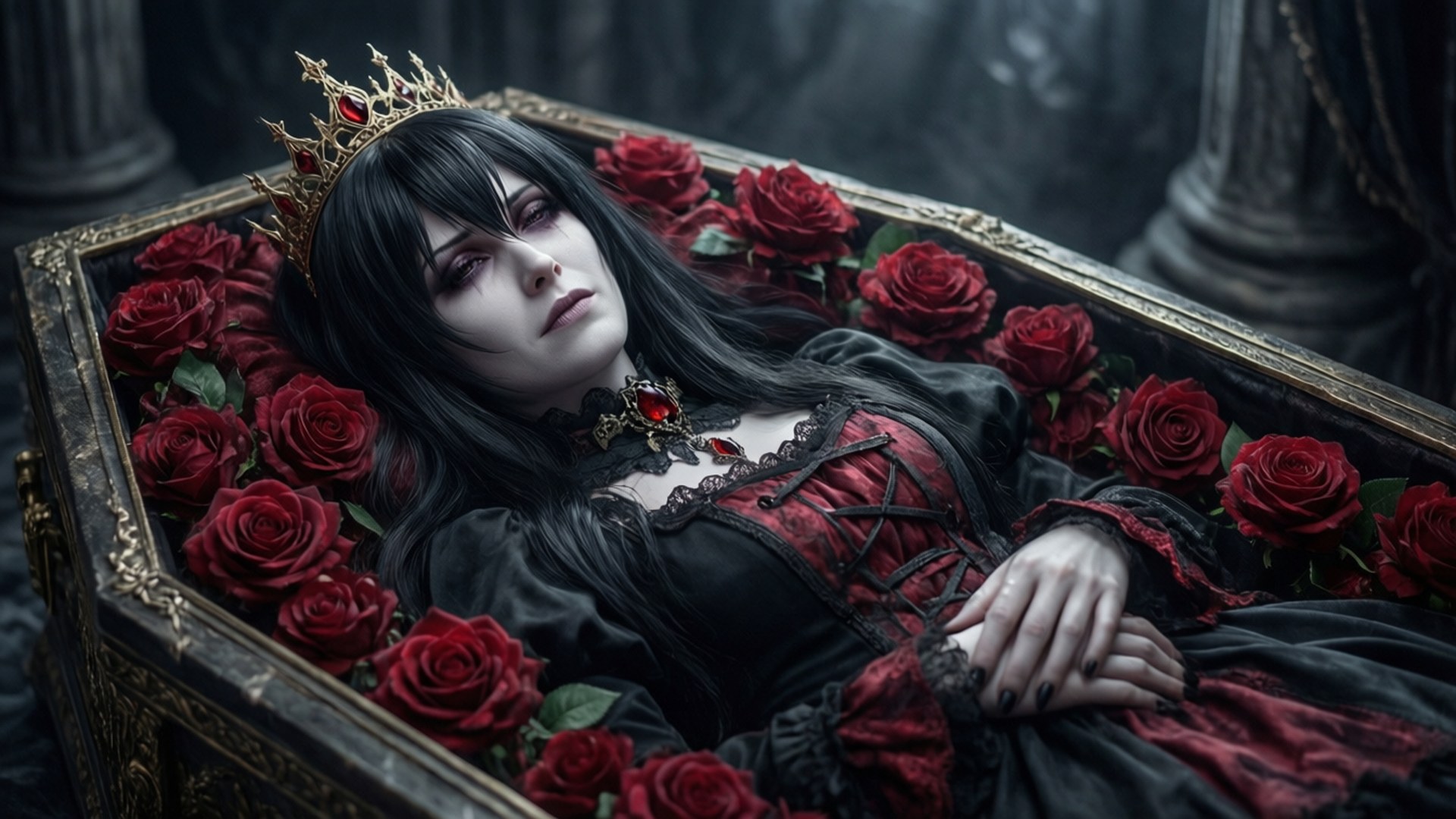 Mother's Eternal Sleep 壁紙 — 一位戴著皇冠、身穿黑紅蕾絲的女子，在裝飾華麗的棺材中安詳躺臥，周圍環繞著鮮豔的紅玫瑰。