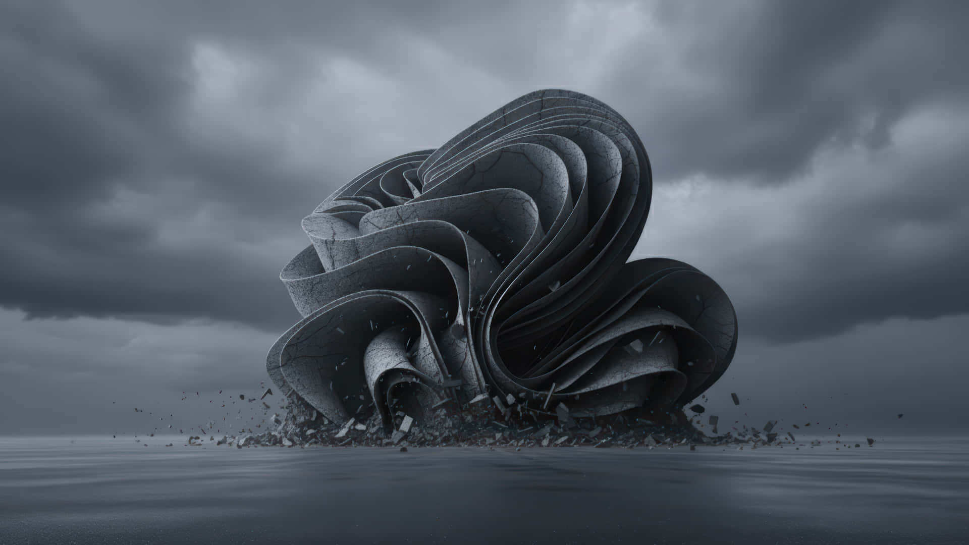 一個螺旋混凝土結構在暴風雨的天空下崩塌入水中。 — 3D 壁紙