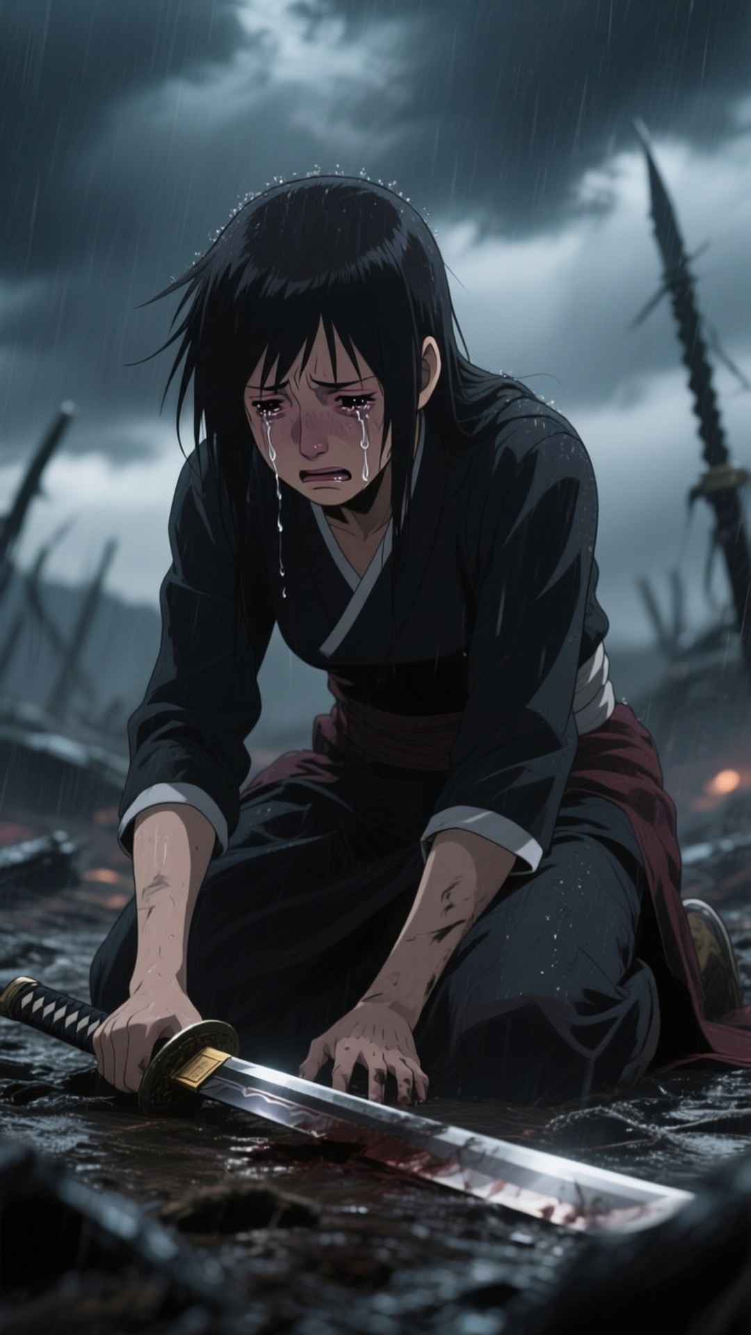 Akame's Sorrow 壁紙 — 一個哭泣的動漫戰士跪在雨中，手持血淋淋的劍，在折斷的長矛之間，在暴風雨的天空下。