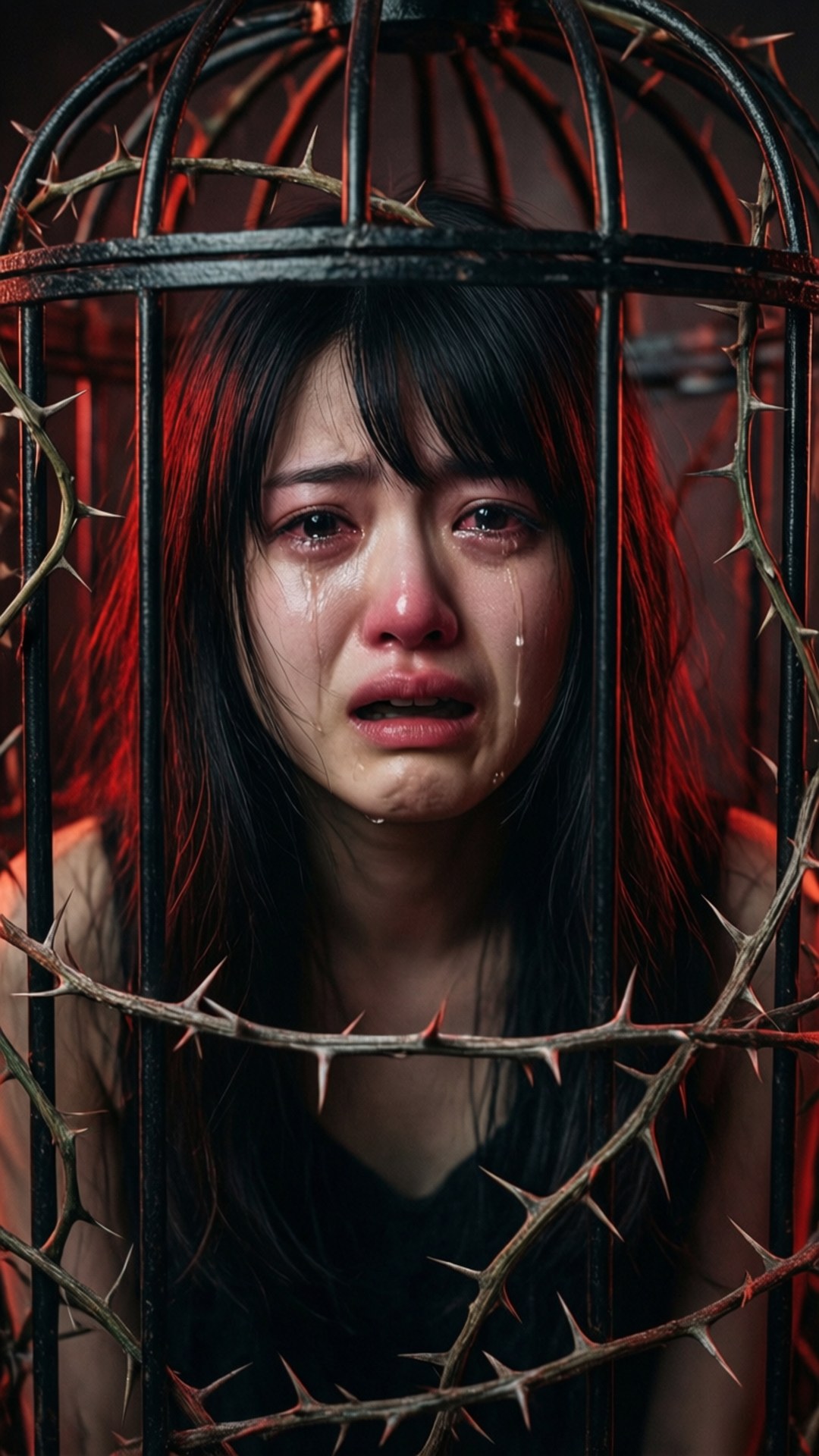 Yui's Thorny Cage 壁紙 — 一個哭泣的女人帶著淚痕，透過一個纏繞著荊棘枝條的生鏽鐵籠凝視，背景是紅色燈光。