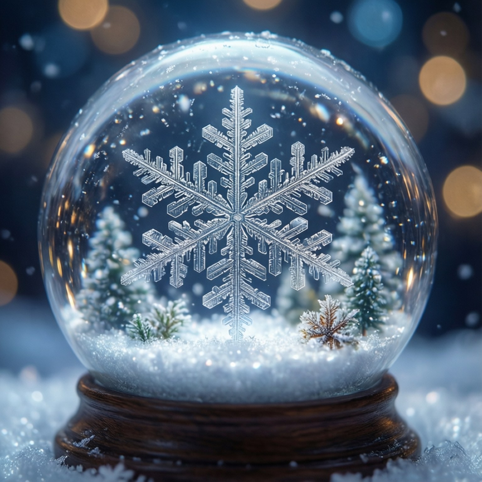Snow Globe Snowflake 壁紙 — 一個水晶雪球，中央有精細的雪花裝飾，木製底座上有微型雪樹。