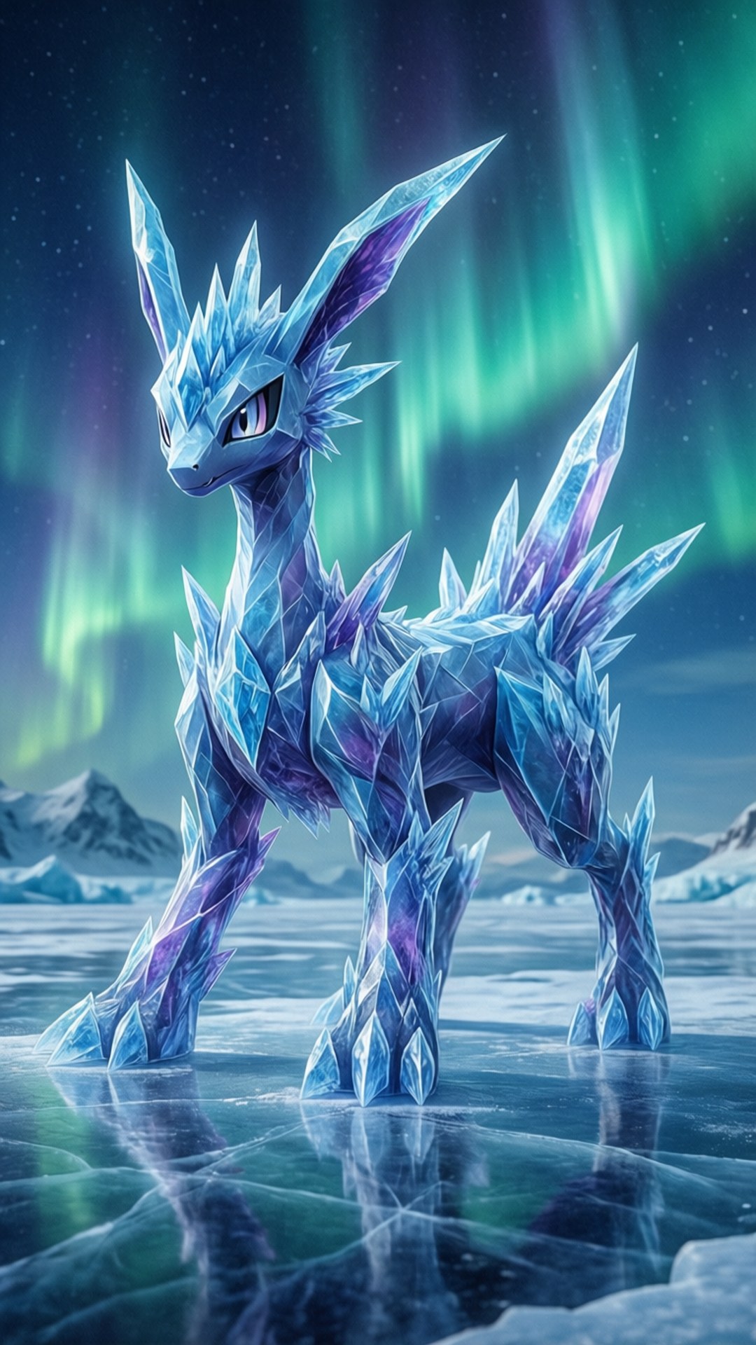 Ice Crystal Arceus 壁紙 — 一隻水晶般的冰屬性寶可夢驕傲地站在冰凍的地面上，下方是充滿活力的綠色北極光。