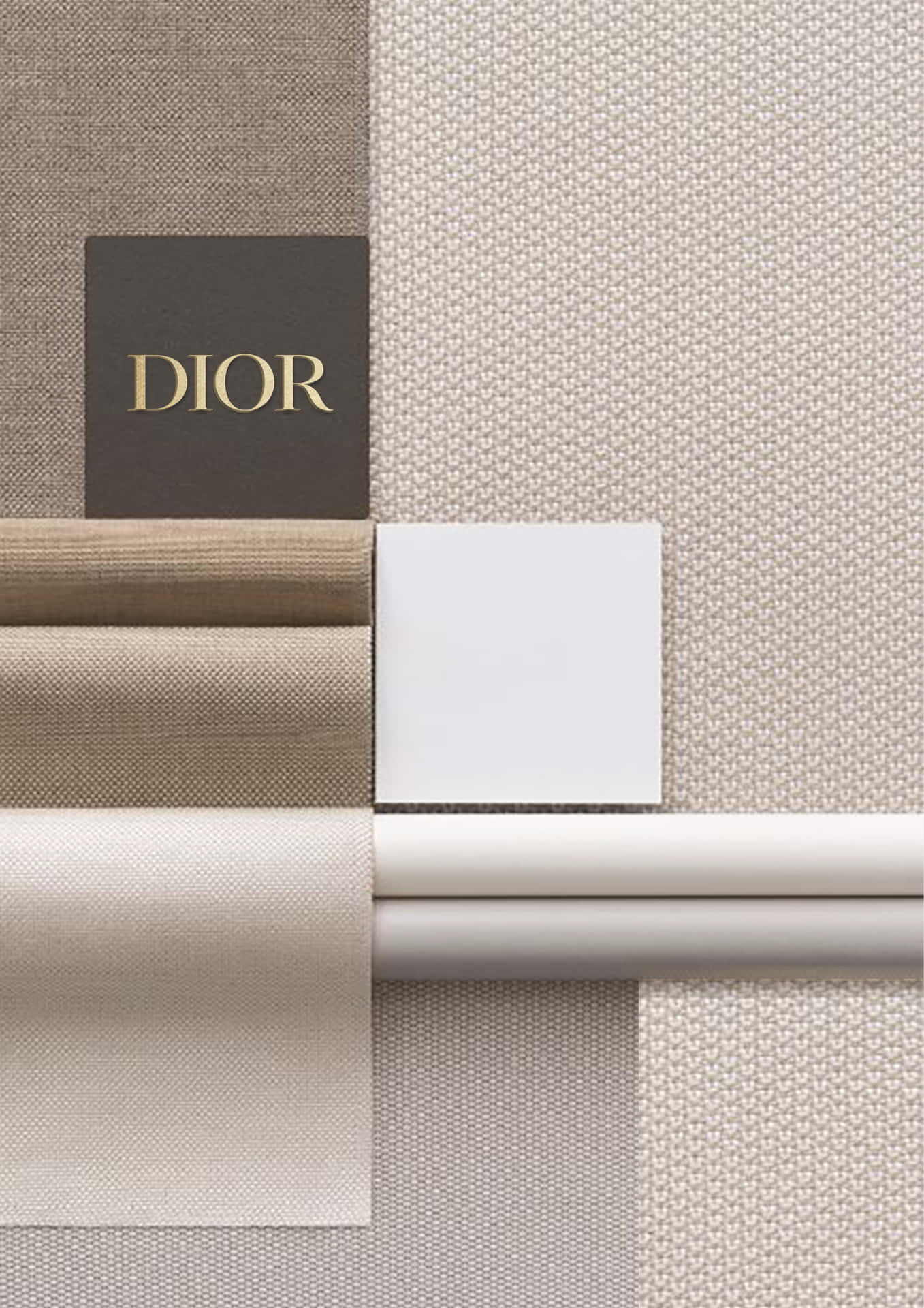  壁紙 — 精心挑選的 Dior 奢華布料樣本展示，採用中性色調，帶有紋理圖案和極簡主義構圖。