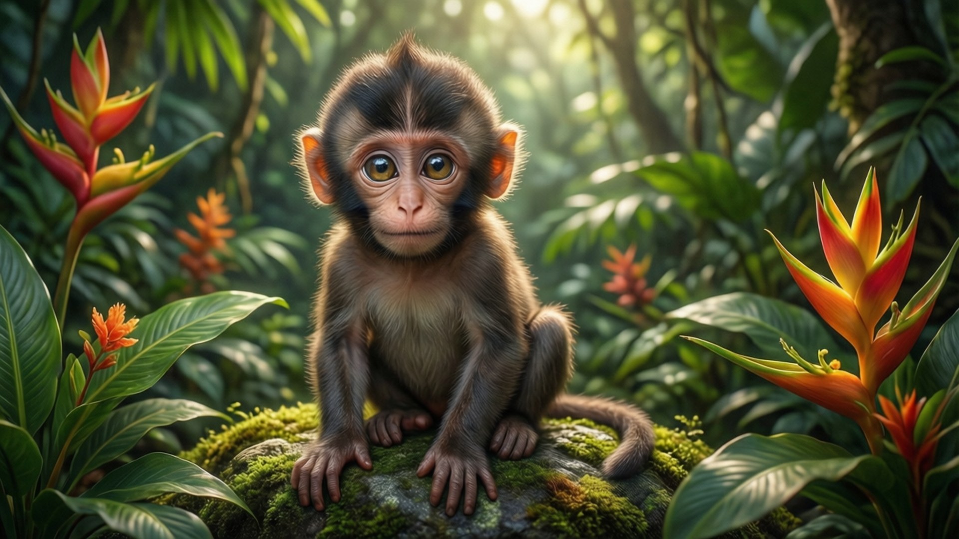 Baby Monkey in Jungle 壁紙 — 一隻好奇的小猴子坐在一塊長滿苔蘚的石頭上，周圍是鮮豔的熱帶花朵和茂密的綠色樹葉。
