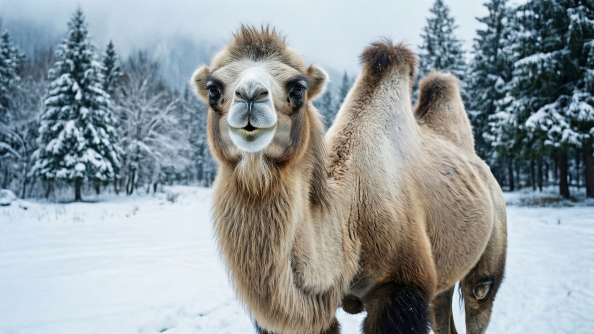 Camel in Snow 壁紙 — 一隻好奇的雙峰駱駝站在雪地森林中，背景是積雪的松樹。