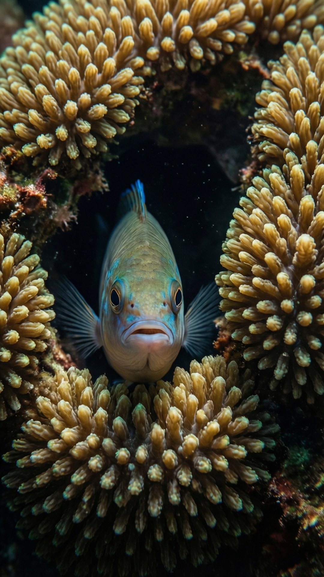 Chromis 桌布 壁紙 — 一條好奇的魚從圓形珊瑚結構中探出頭來，置身於充滿活力的海底景觀中。