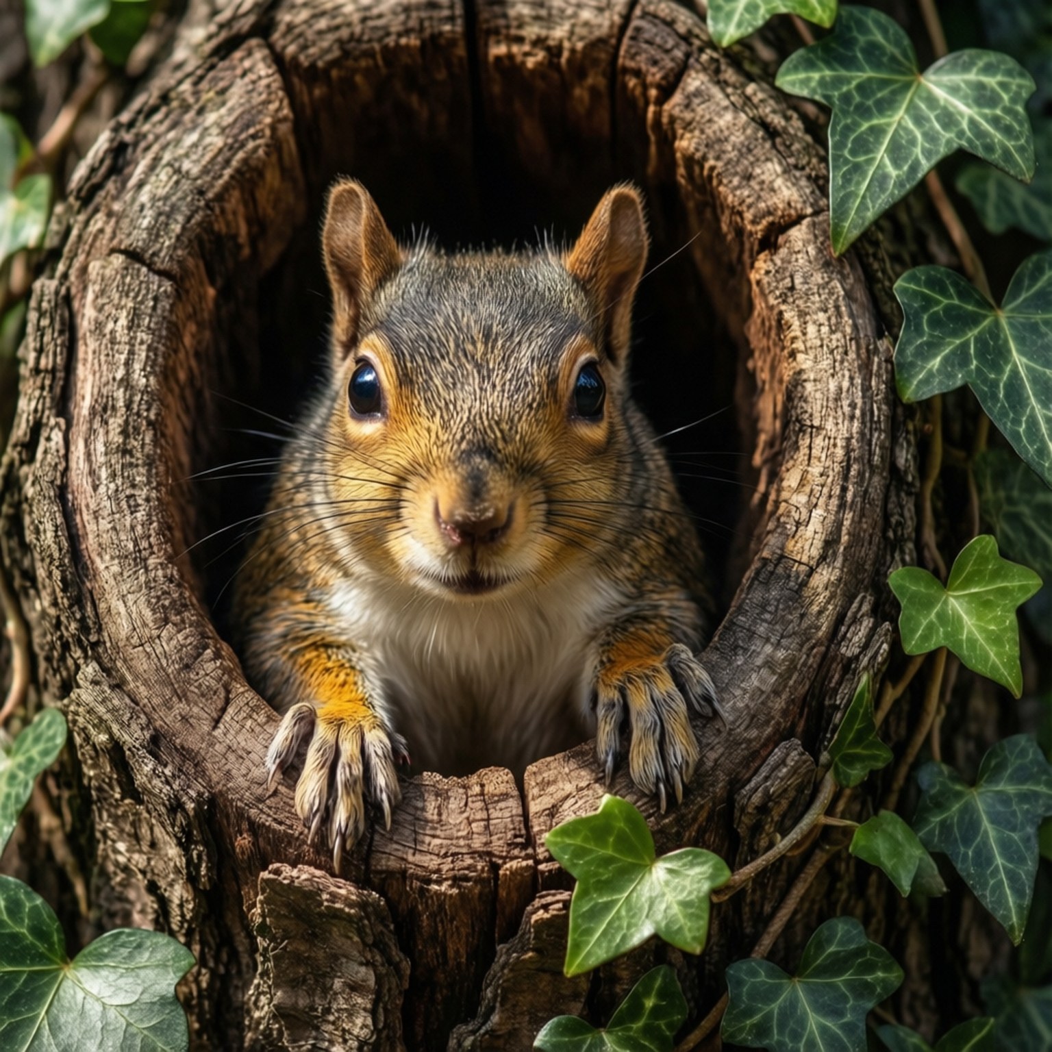 Peek-a-Boo Squirrel 壁紙 — 一隻好奇的灰色松鼠從一個風化的樹樁中探出頭來，周圍環繞著充滿活力的綠色常春藤葉。