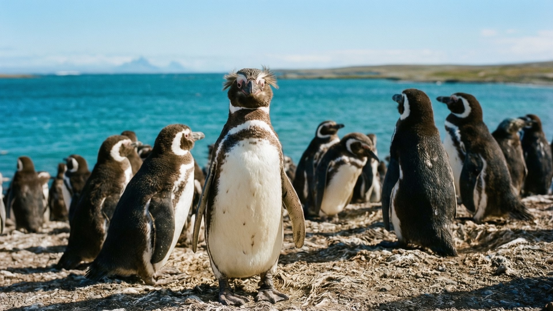 Magellanic Penguins 壁紙 — 一隻好奇的麥哲倫企鵝站在一群企鵝的前方中央，背景是陽光照耀的岩石海灘、藍綠色的海洋、遠山和清澈的藍天。