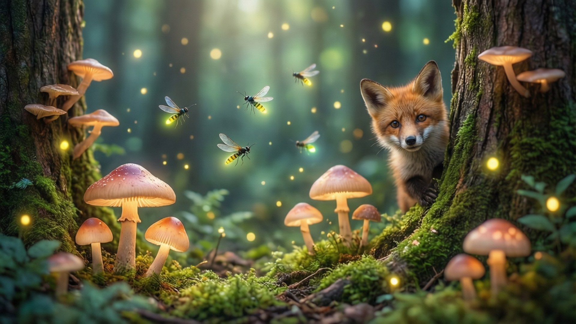 Magical Forest Fox 壁紙 — 一隻好奇的紅狐從長滿苔蘚的樹後窺視，在一個充滿螢火蟲和發光蘑菇的魔法森林中閃耀。