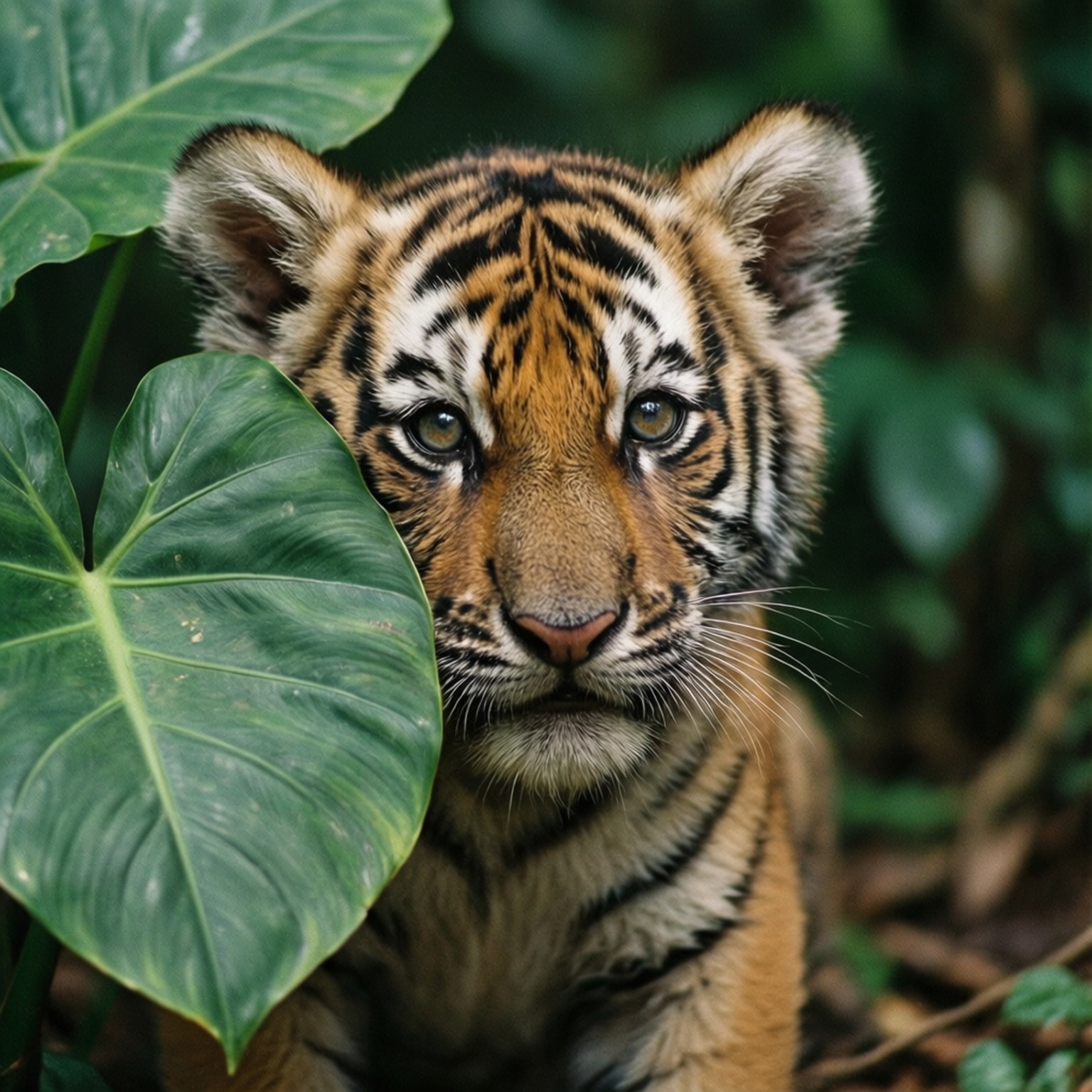 Peek-a-Boo Tiger 壁紙 — 一隻好奇的老虎寶寶在茂密的叢林環境中穿過大片綠葉偷看。