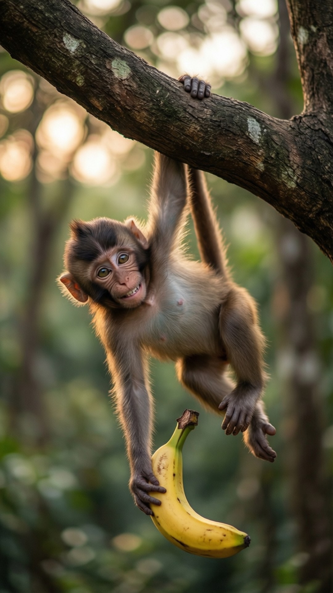 Monkey Hanging Upside Down 壁紙 — 一隻好奇的年輕猴子掛在樹枝上，拿著一根成熟的黃色香蕉，背景是柔和模糊的森林。