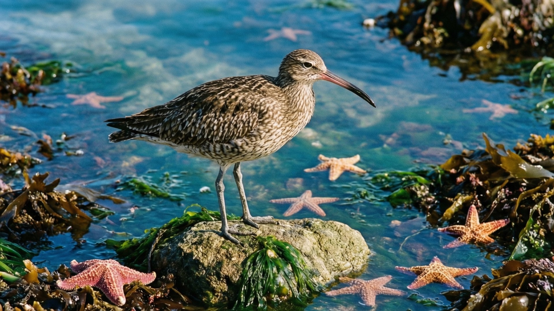 Curlew 桌布 壁紙 — 一隻杓鷸站在佈滿海藻的岩石上，四周是清澈的碧綠海水，點綴著鮮豔的橙色海星。
