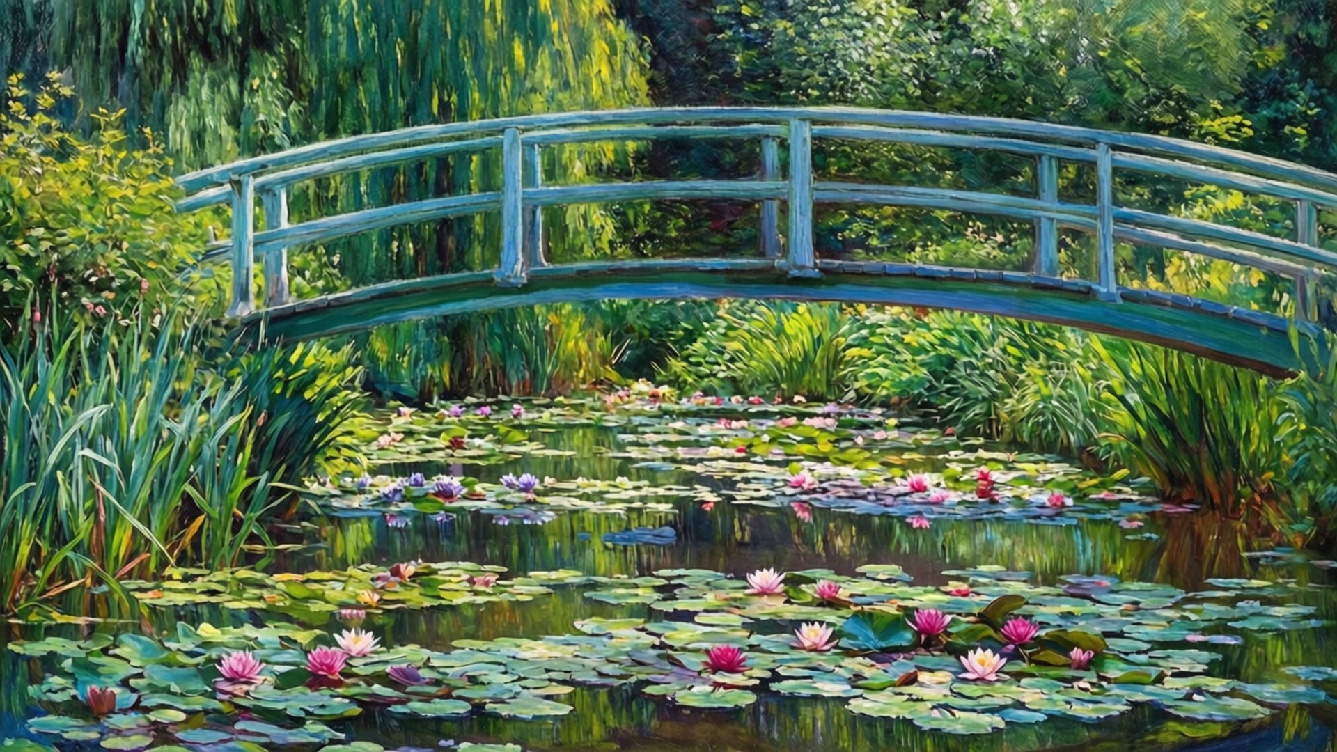 Lily Pond Bridge 壁紙 — 一條彎曲的木橋拱起在一個寧靜的池塘上，池塘裡佈滿了粉紅色和白色的睡蓮以及茂密的綠色植物。