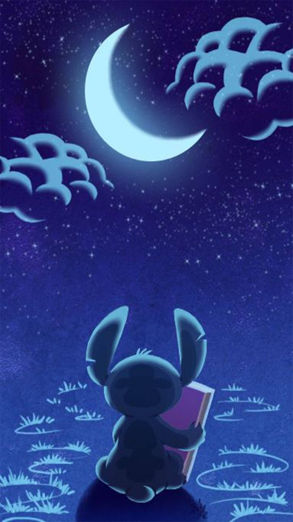 一個小外星人在繁星點點的夜空下，在新月下閱讀一本書。 — 可愛史迪奇 壁紙