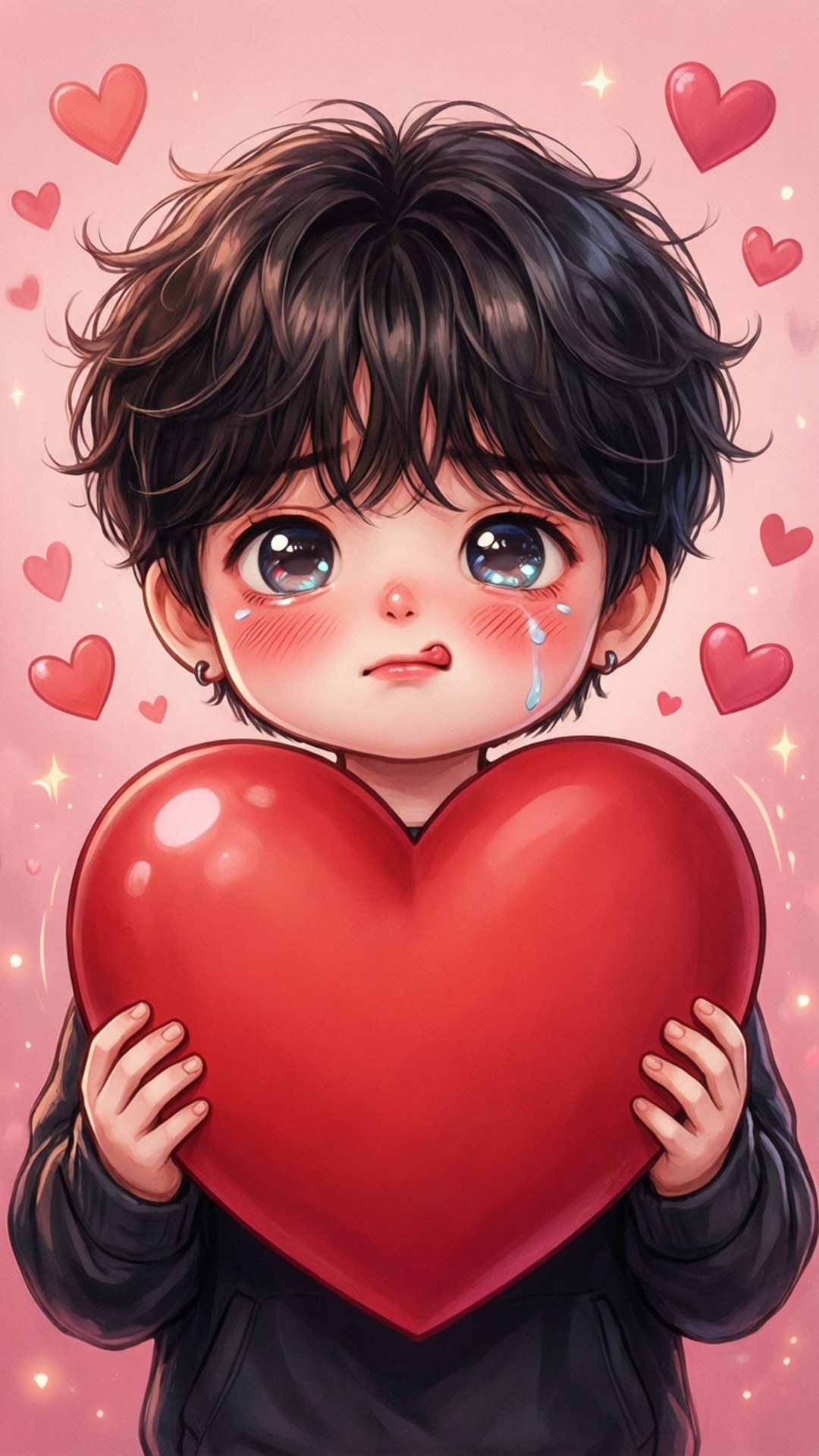 Shooky with Heart 壁紙 — 一個可愛的動漫男孩，凌亂的深色頭髮和淚眼汪汪，緊握著一個巨大的紅色心形，背景是粉紅色，充滿漂浮的心形。