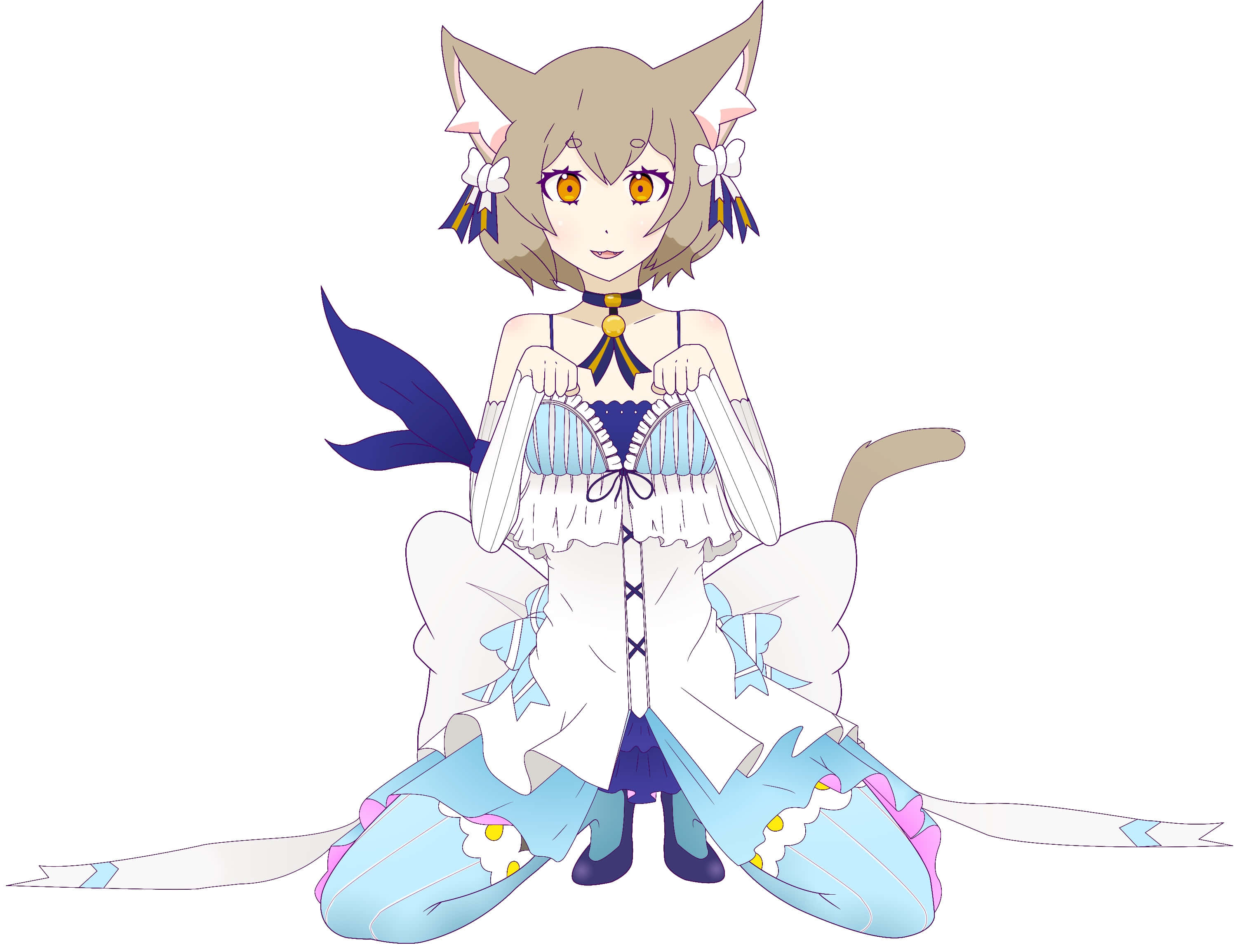 Felix Argyle 桌布 壁紙 — 一個可愛的動漫貓女郎，擁有橙色眼睛和藍色蝴蝶結細節，穿著白色和藍色荷葉邊連衣裙，跪在純白色背景前。