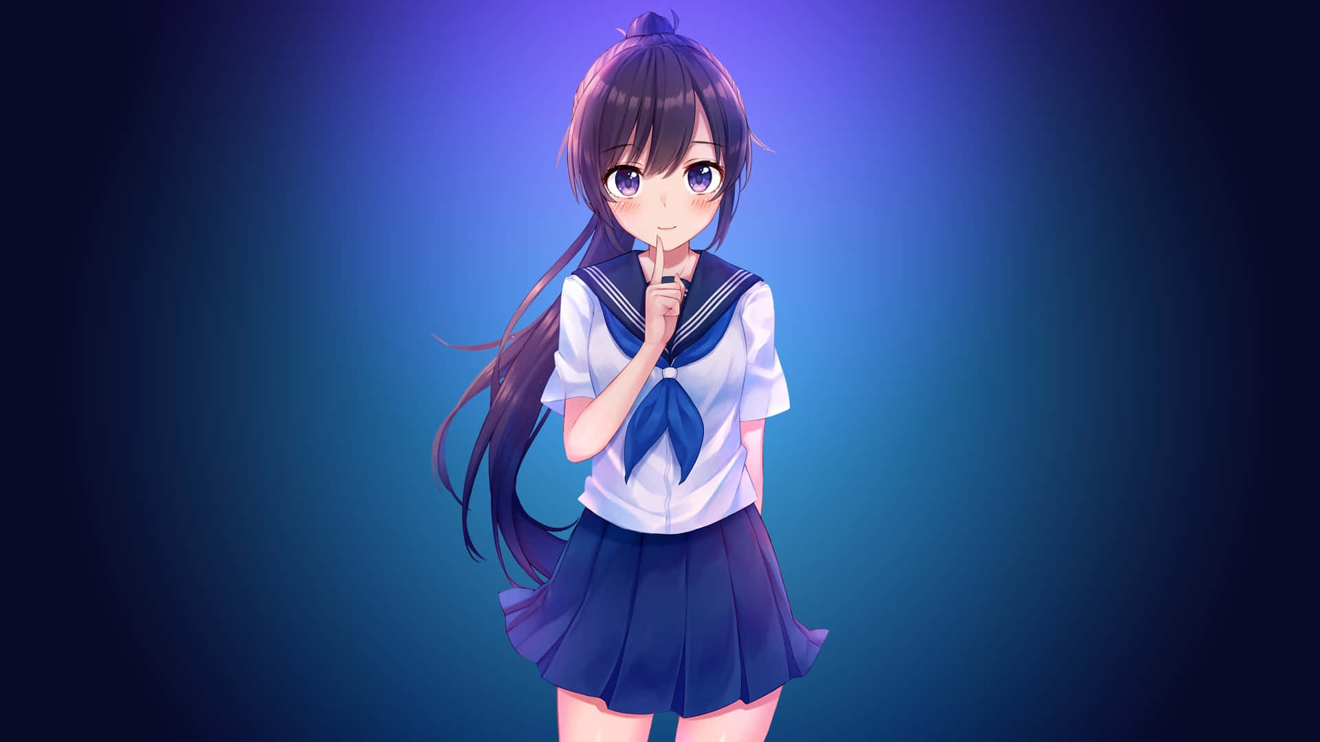  壁紙 — 一個可愛的動漫女孩穿著水手服，在漸變藍色背景前將手指放在嘴唇上。